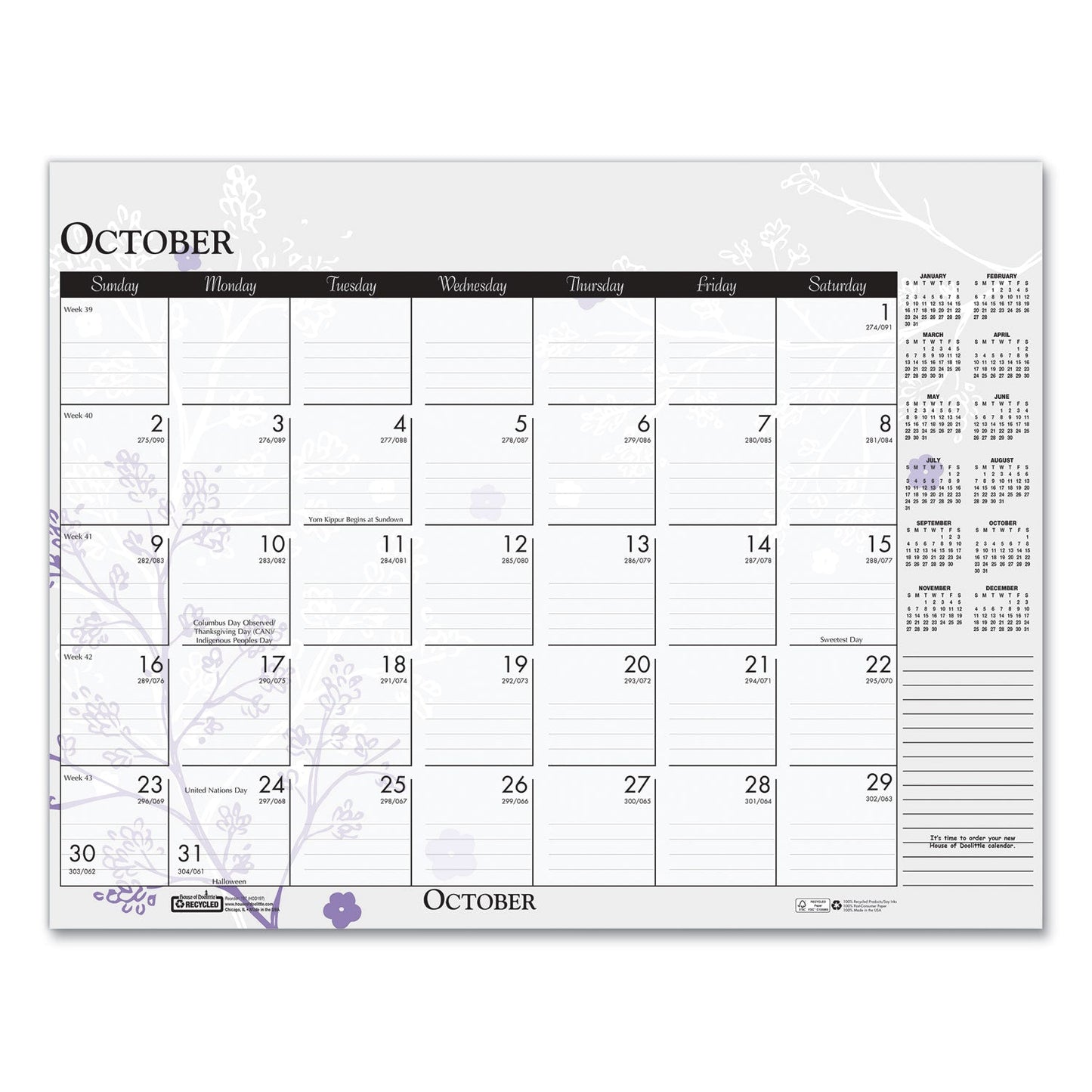 House of Doolittle Recycled Desk Pad Calendar, Wild Flowers Artwork, 18.5 x 13, White Sheets, Black Binding/Corners,12-Month (Jan-Dec): 2023