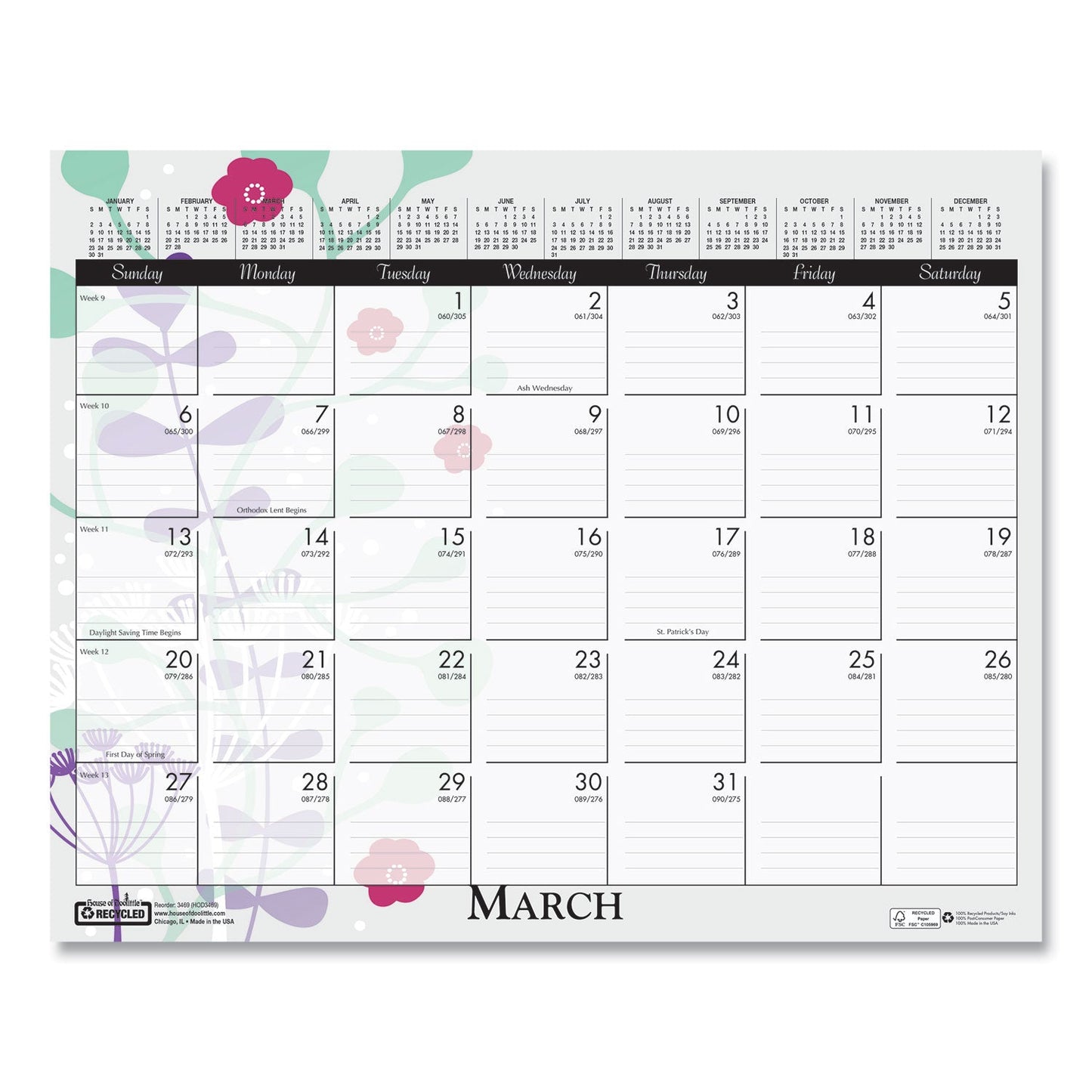 House of Doolittle Recycled Wild Flower Wall Calendar, Wild Flowers Artwork, 15 x 12, White/Multicolor Sheets, 12-Month (Jan to Dec): 2023
