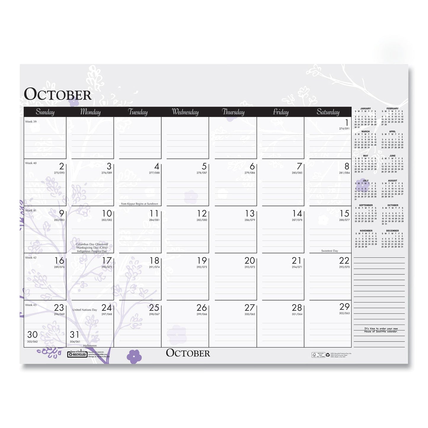 House of Doolittle Recycled Desk Pad Calendar, Wild Flowers Artwork, 22 x 17, White Sheets, Black Binding/Corners,12-Month (Jan-Dec): 2023