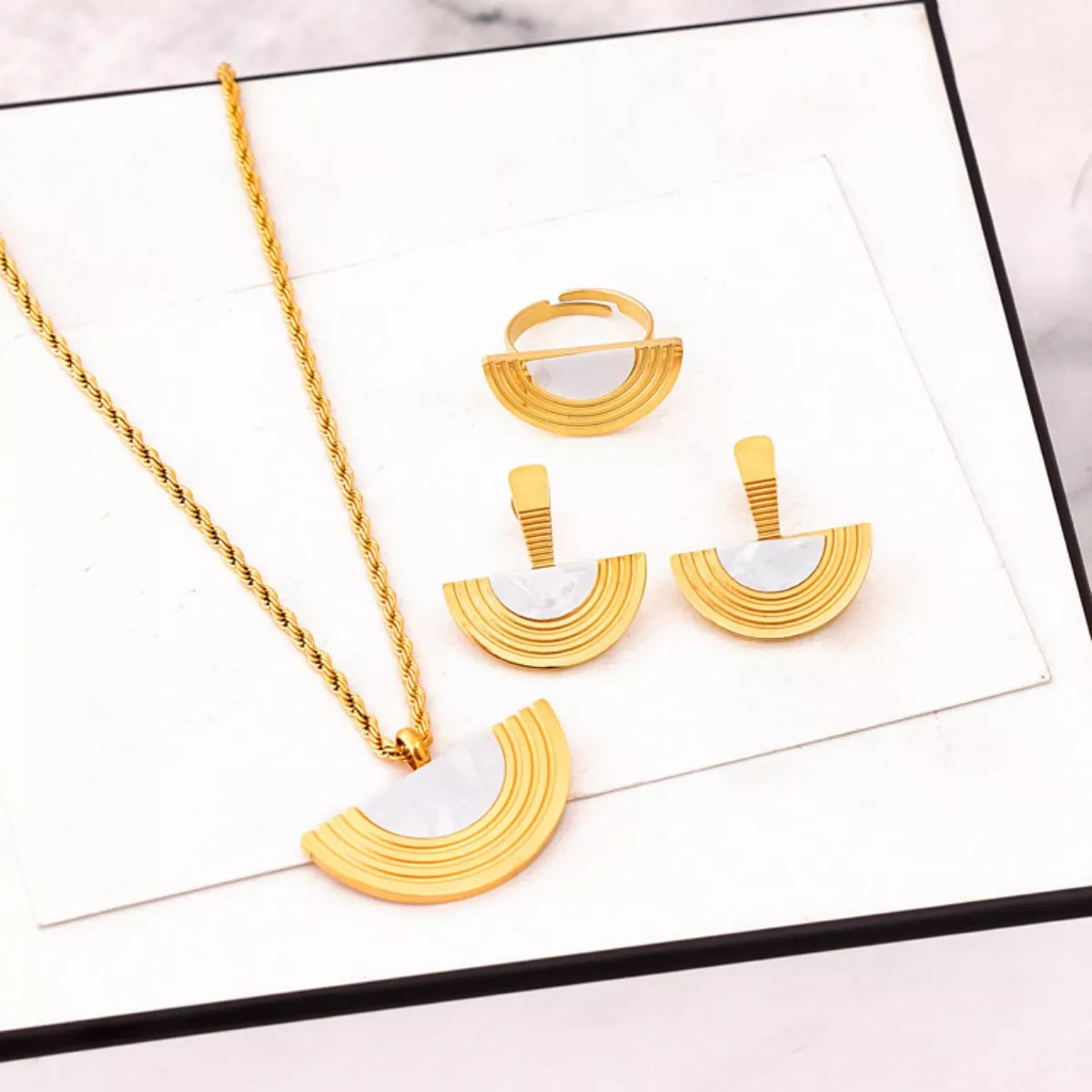 Geometric Half-Circle 18K Gold Plated Necklace Ring and Earrings Jewelry Set