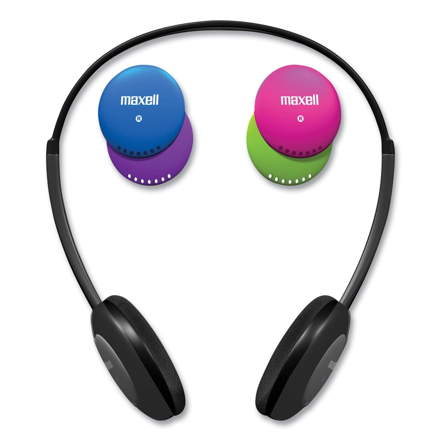 Maxell Kids Safe Headphones with Inline Microphone, 4 ft Cord, Black with Interchangeable Pink/Blue/Silver Caps
