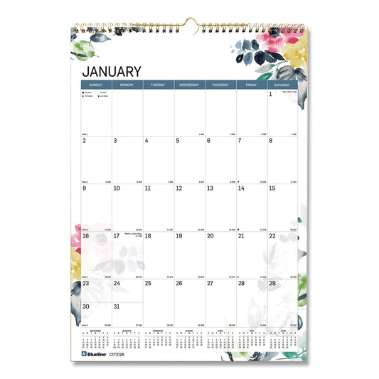 Blueline 12-Month Colorful Wall Calendar, Watercolor Floral Artwork, 12 x 17, White/Multicolor Sheets, 12-Month (Jan to Dec): 2023
