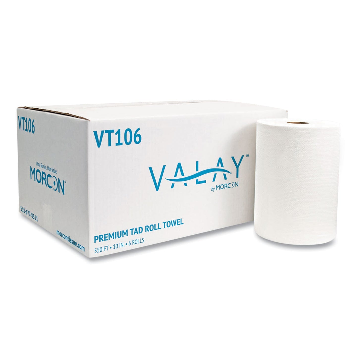 Morcon Tissue 10 Inch TAD Roll Towels, 1-Ply, 10" x 550 ft, White, 6 Rolls/Carton