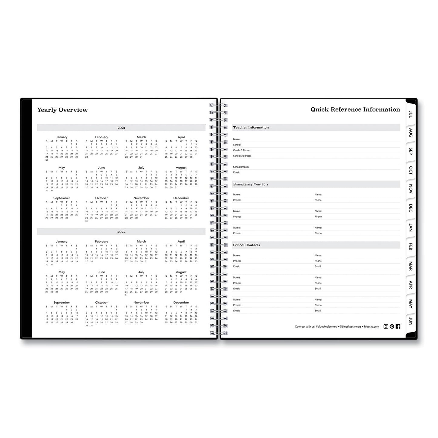 Blue Sky Solid Black Teacher's Weekly/Monthly Lesson Planner, Two-Page Spread (Nine Classes), 11 x 8.5, Black Cover, 2022 to 2023