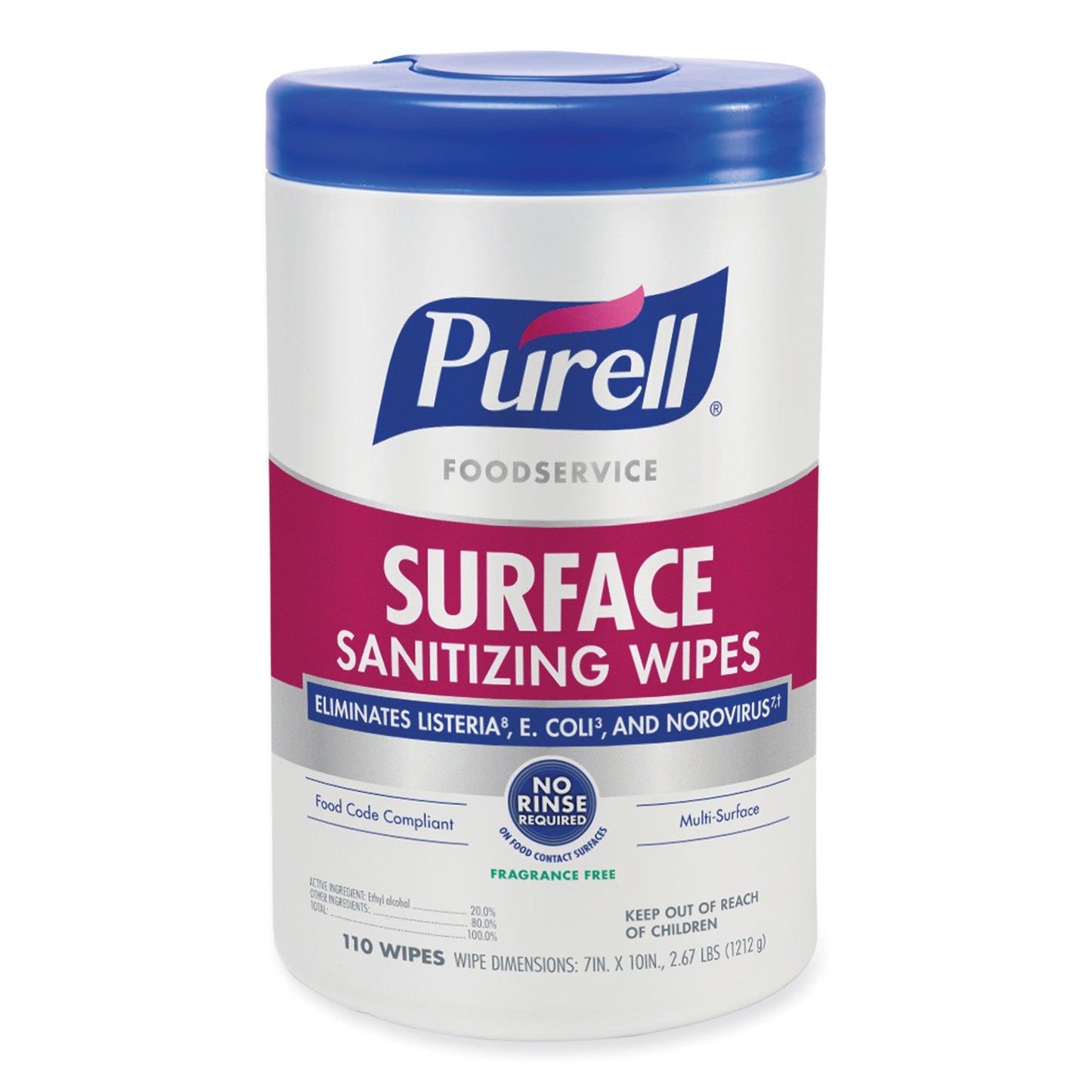 PURELL Foodservice Surface Sanitizing Wipes, 10 x 7, Fragrance-Free, 110/Canister, 6 Canisters/Carton