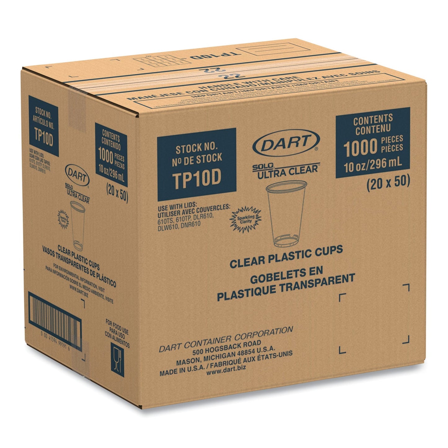 Dart Ultra Clear PET Cups, 10 oz, Tall, 50/Bag, 20 Bags/Carton