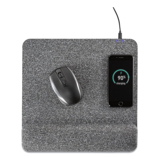 Allsop Powertrack Plush Wireless Charging Mouse Pad with Wrist Rest, 11.8 x 11.6, Gray