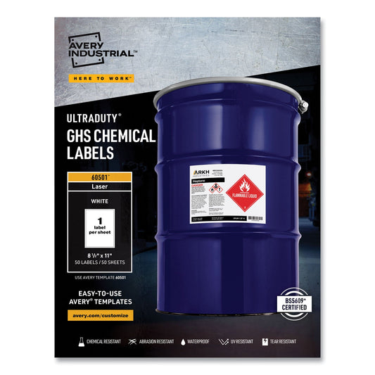 Avery UltraDuty GHS Chemical Waterproof and UV Resistant Labels, 8.5 x 11, White, 50/Box