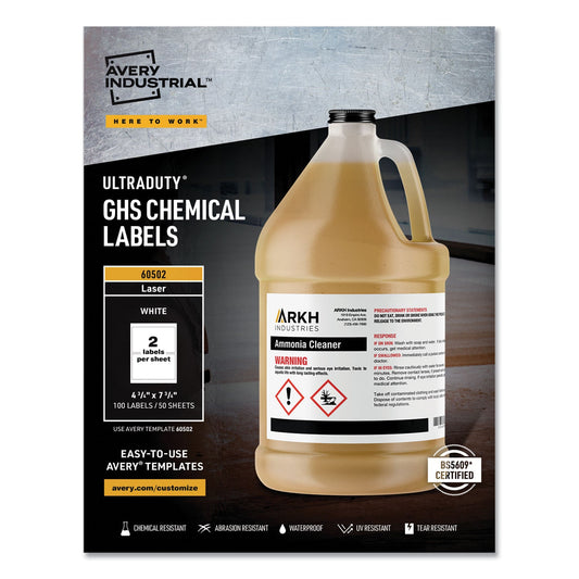 Avery UltraDuty GHS Chemical Waterproof and UV Resistant Labels, 4.75 x 7.75, White, 2/Sheet, 50 Sheets/Box
