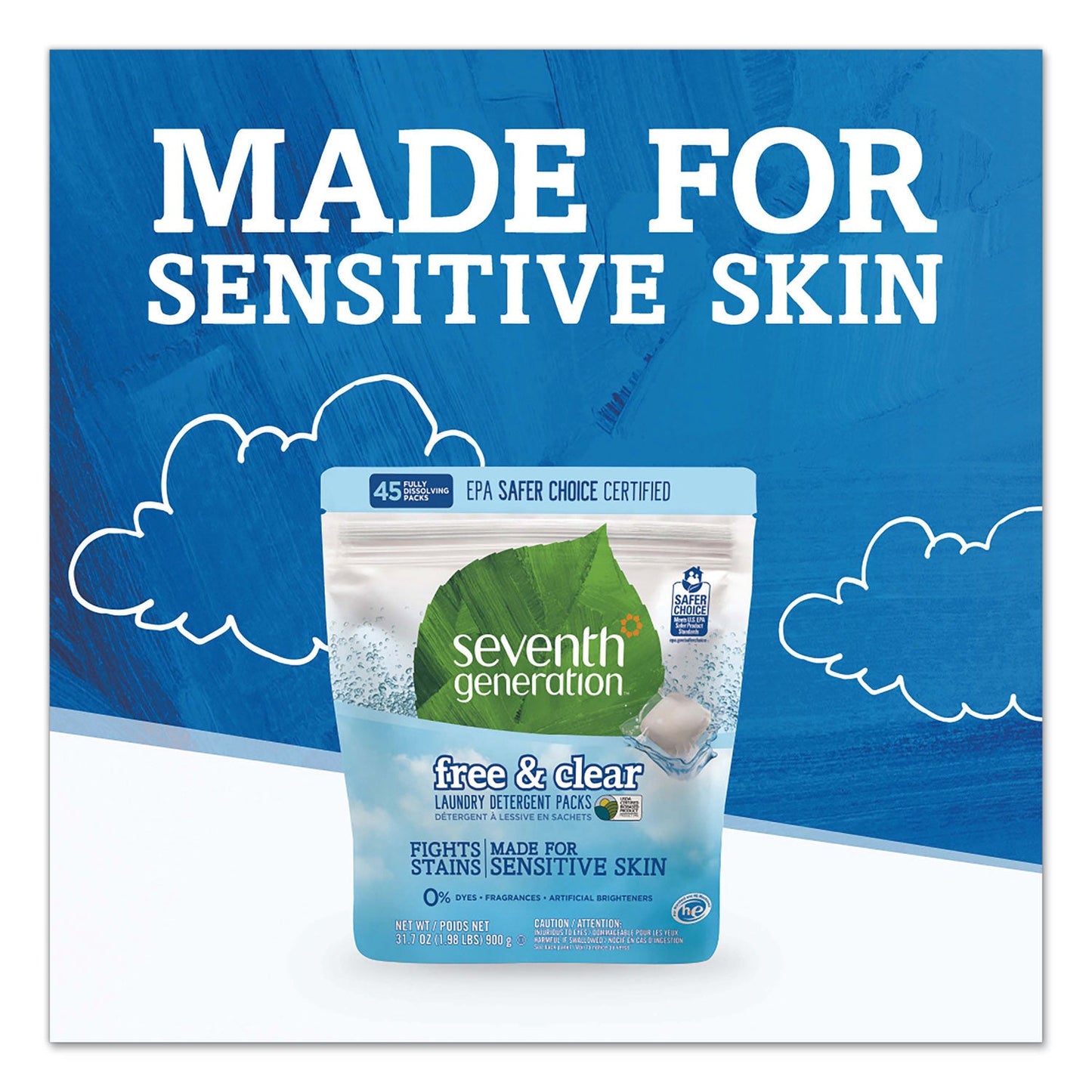 Seventh Generation Natural Laundry Detergent Packs, Powder, Unscented, 45 Packets/Pack, 8/Carton