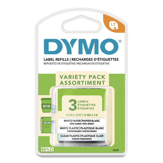 DYMO LetraTag Paper/Plastic Label Tape Value Pack, 0.5" x 13 ft, Assorted, 3/Pack