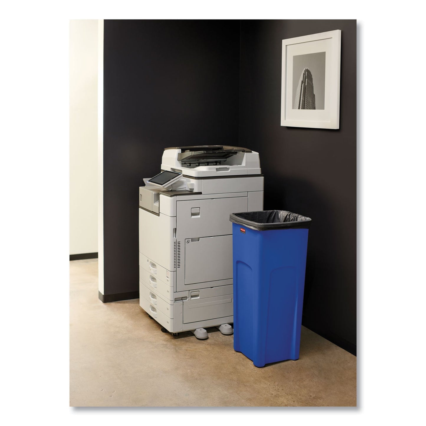 Rubbermaid Recycled Untouchable Square Recycling Container, Plastic, 23 gal, Blue