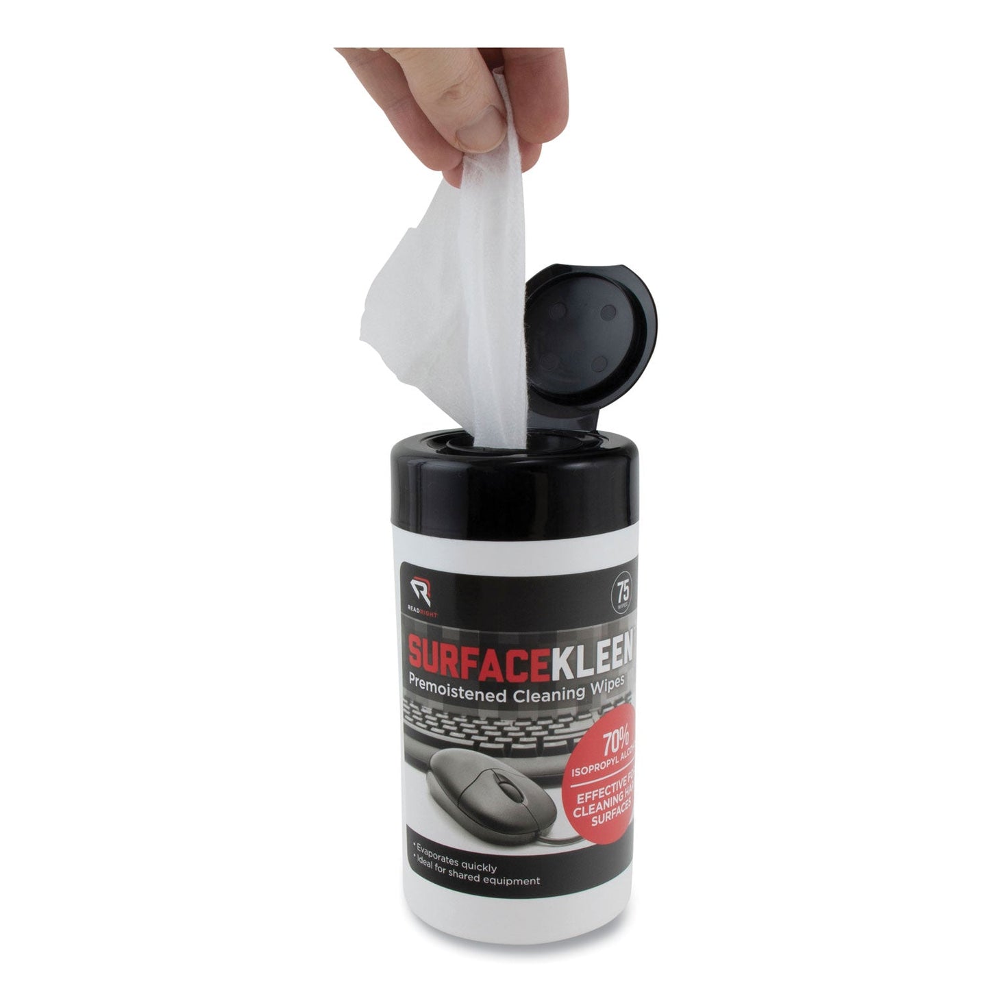 Read Right SurfaceKleen Premoistened Alcohol Cleaning Wipes, 6.38 x 5.4, Tub, 75/Pack