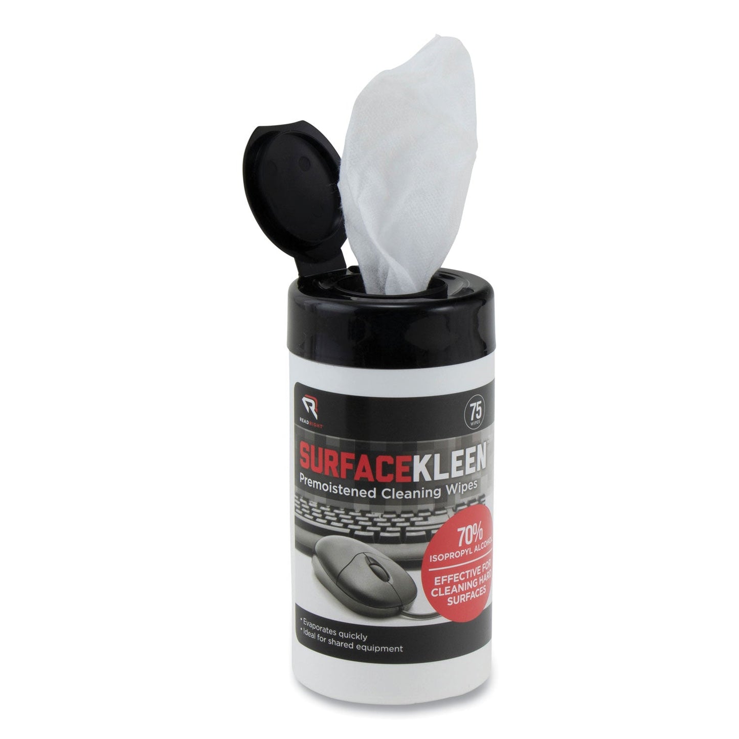 Read Right SurfaceKleen Premoistened Alcohol Cleaning Wipes, 6.38 x 5.4, Tub, 75/Pack