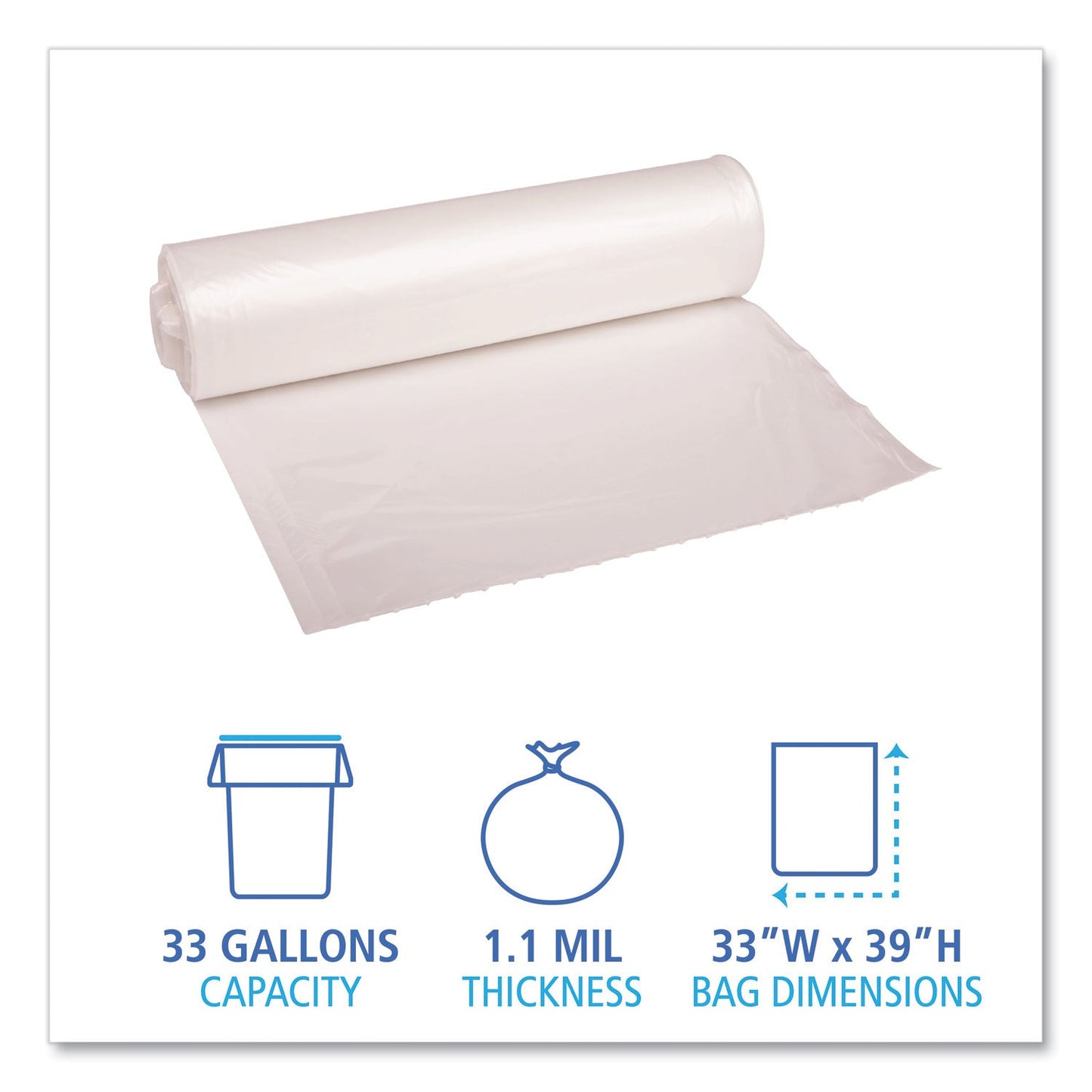 Boardwalk Low Density Repro Can Liners, 33 gal, 1.1 mil, 33" x 39", Clear, 10 Bags/Roll, 10 Rolls/Carton