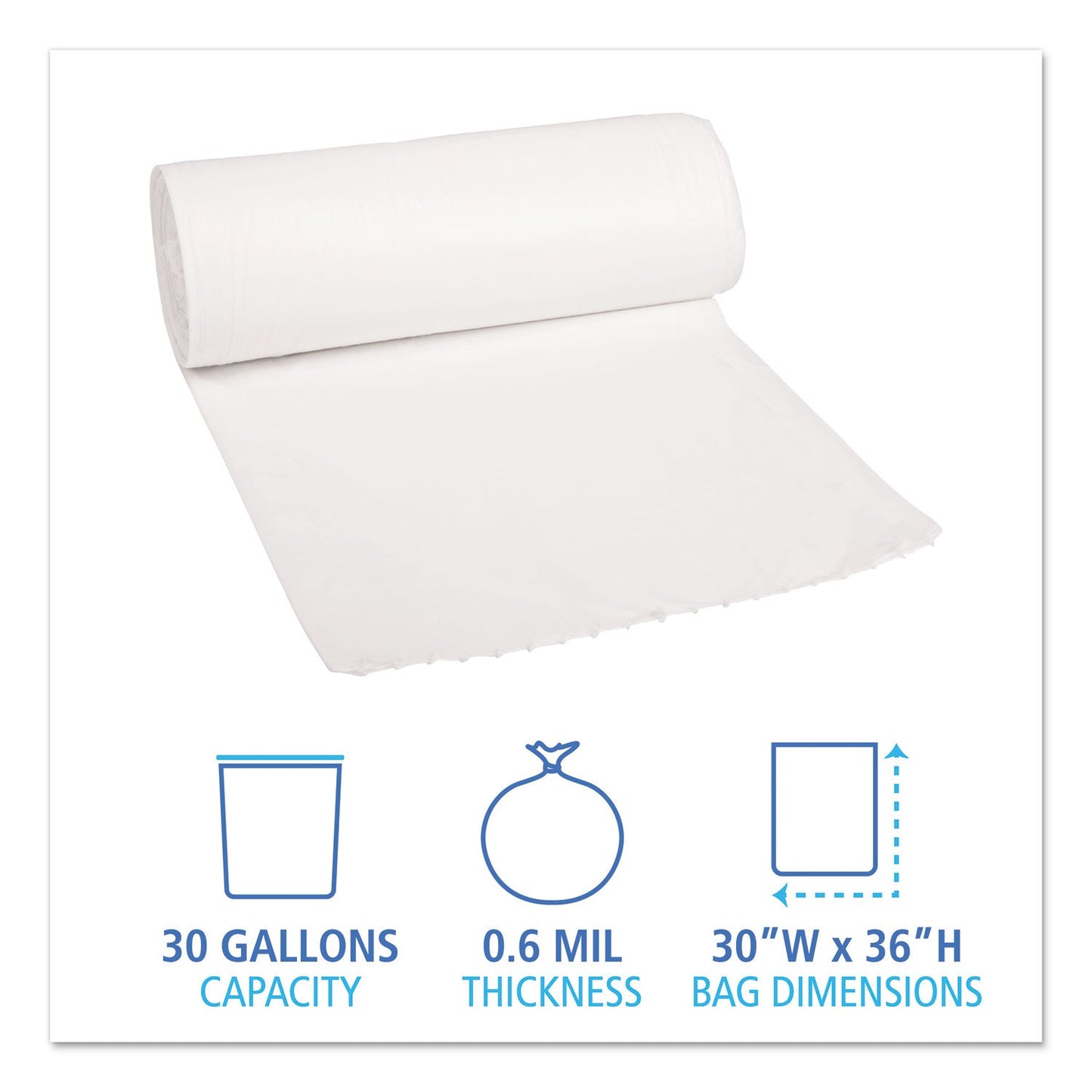 Boardwalk Low-Density Waste Can Liners, 30 gal, 0.6 mil, 30" x 36", White, 200/Carton