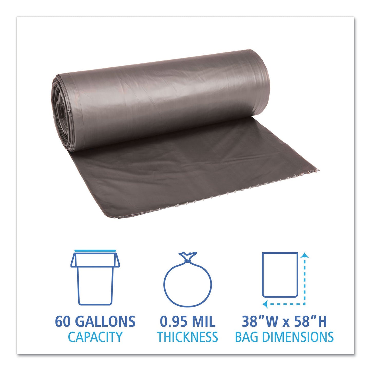 Boardwalk Low-Density Waste Can Liners, 60 gal, 0.95 mil, 38" x 58", Gray, 100/Carton