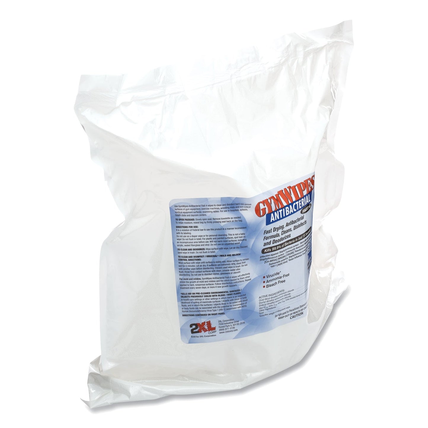 2XL Antibacterial Gym Wipes Refill, 6 x 8, 700 Wipes/Pack, 4 Packs/Carton