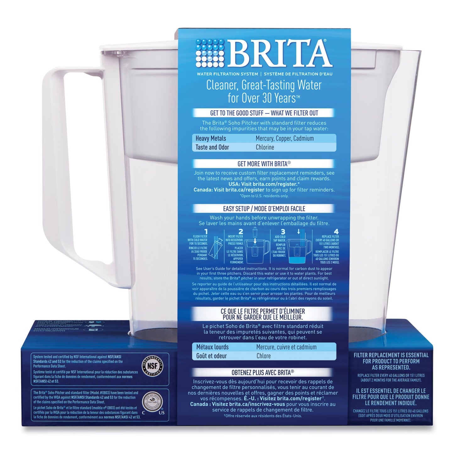 Brita Classic Water Filter Pitcher, 40 oz, 5 Cups, Clear, 2/Carton
