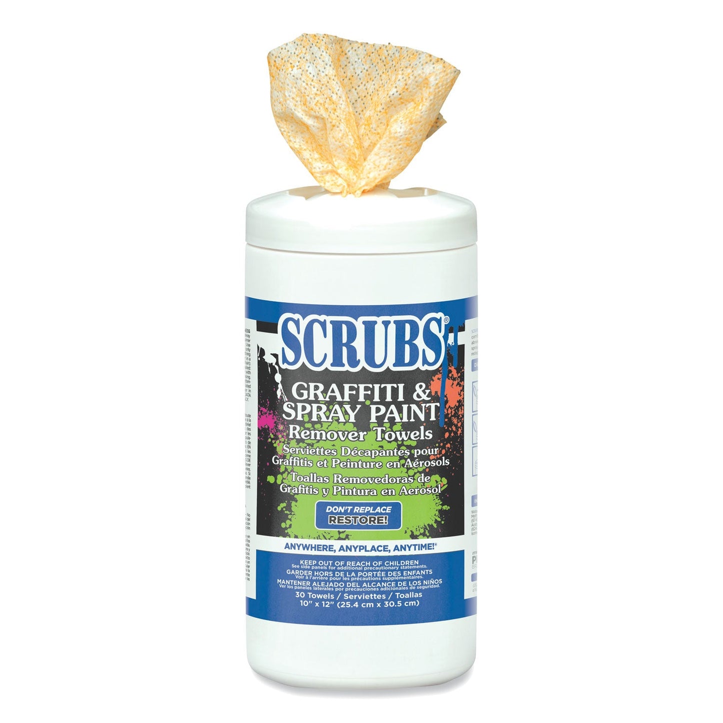 SCRUBS Graffiti and Paint Remover Towels, 10 x 12,  Orange on White, 30/Canister, 6 Canisters/Carton