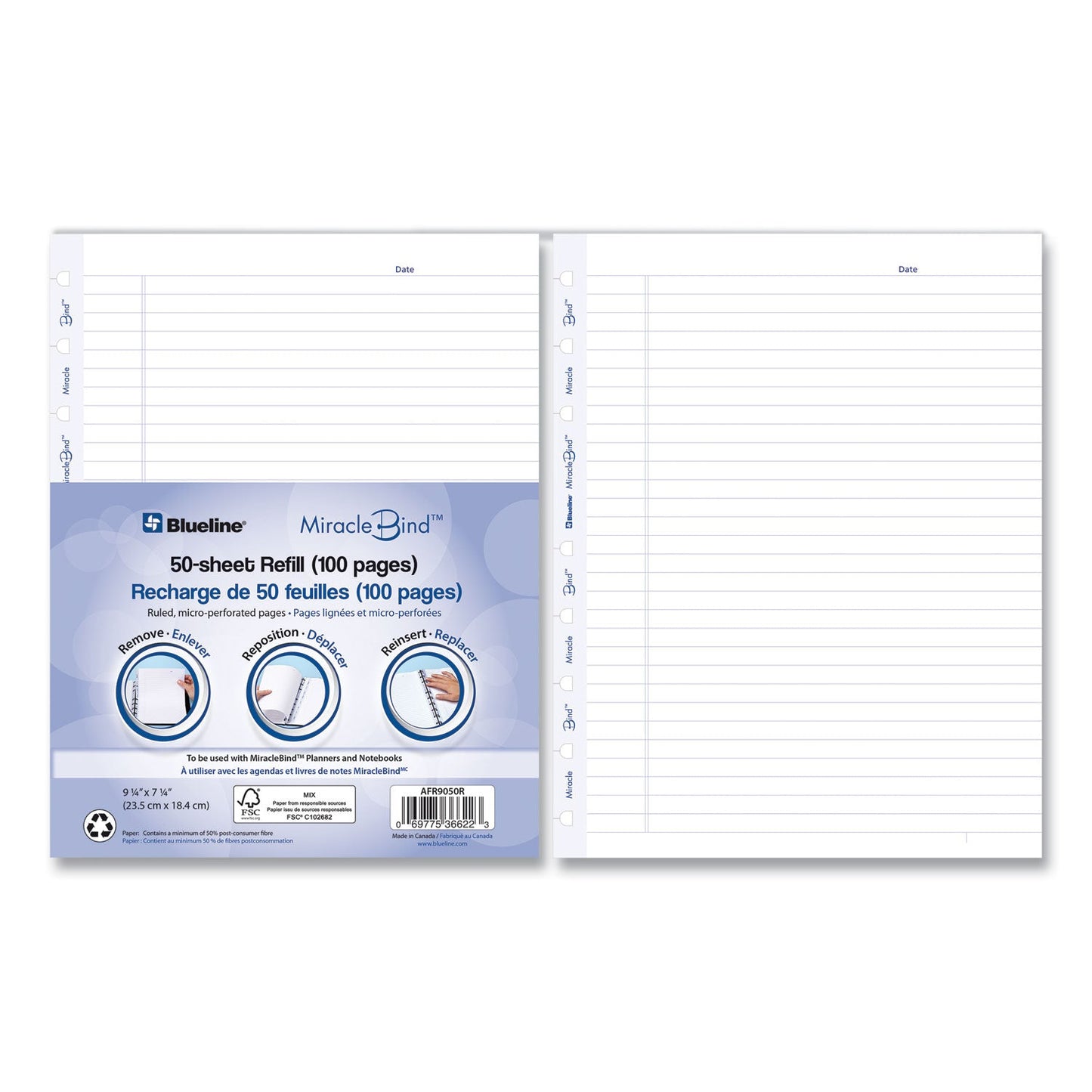 Blueline MiracleBind Ruled Paper Refill Sheets for all MiracleBind Notebooks and Planners, 9.25 x 7.25, White/Blue Sheets, Undated