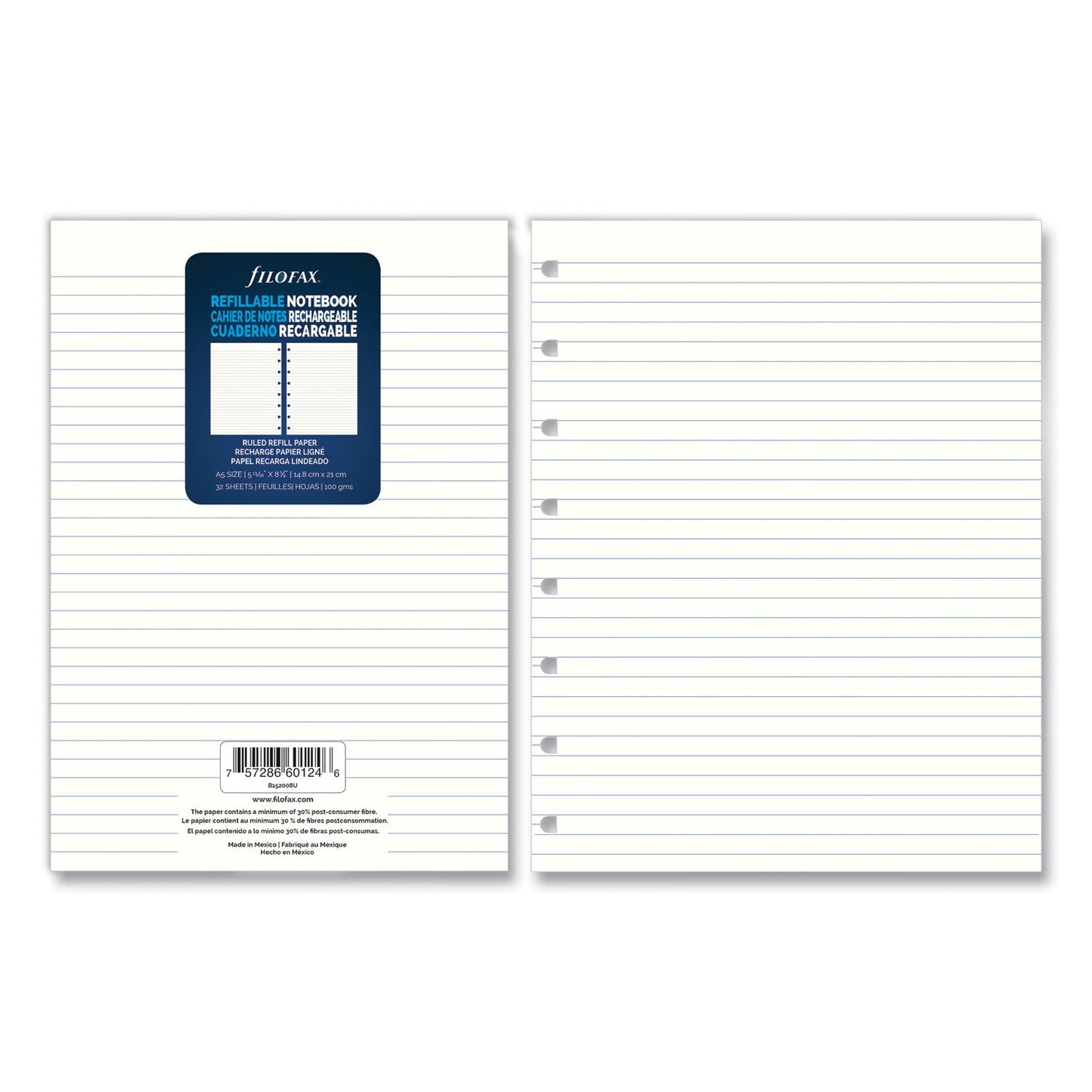 Filofax Notebook Refills, 8-Hole, 8.25 x 5.81, Narrow Rule, 32/Pack
