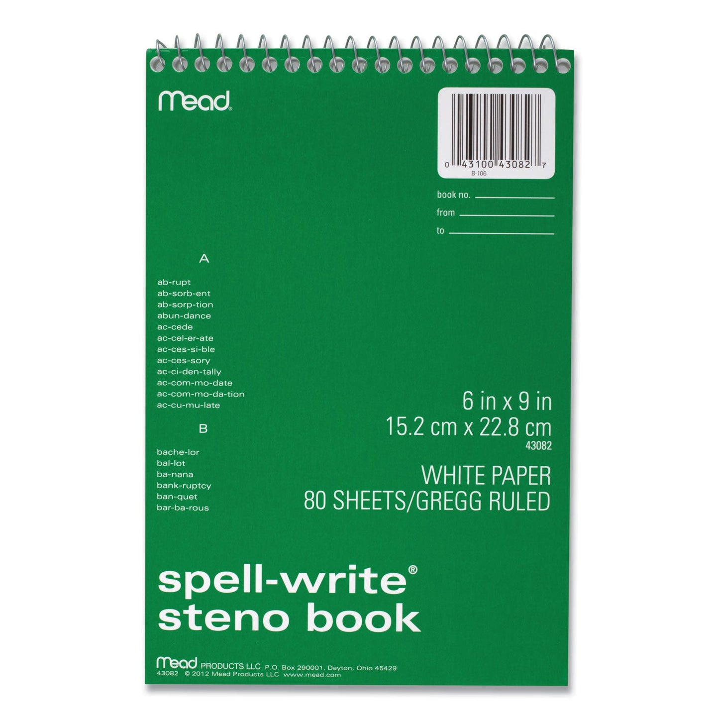 Mead Spell-Write Wirebound Steno Pad, Gregg Rule, Randomly Assorted Cover Colors, 80 White 6 x 9 Sheets