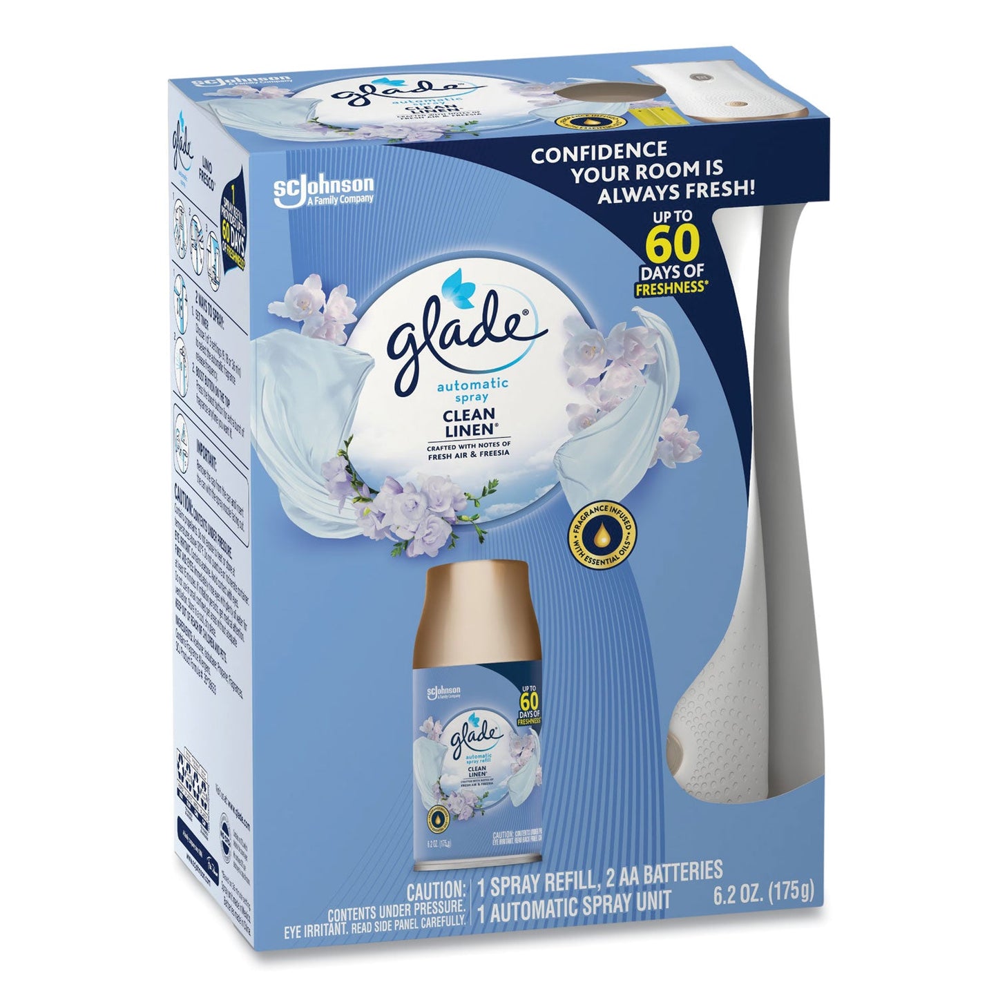 Glade Automatic Spray Starter Kit, Spray Unit and Refill, White/Gold, Clean Linen, 4/Carton