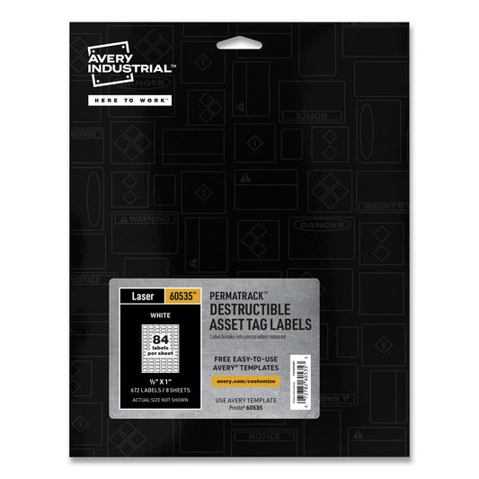 Avery PermaTrack Destructible Asset Tag Labels, Laser Printers, 0.5 x 1, White, 84/Sheet, 8 Sheets/Pack
