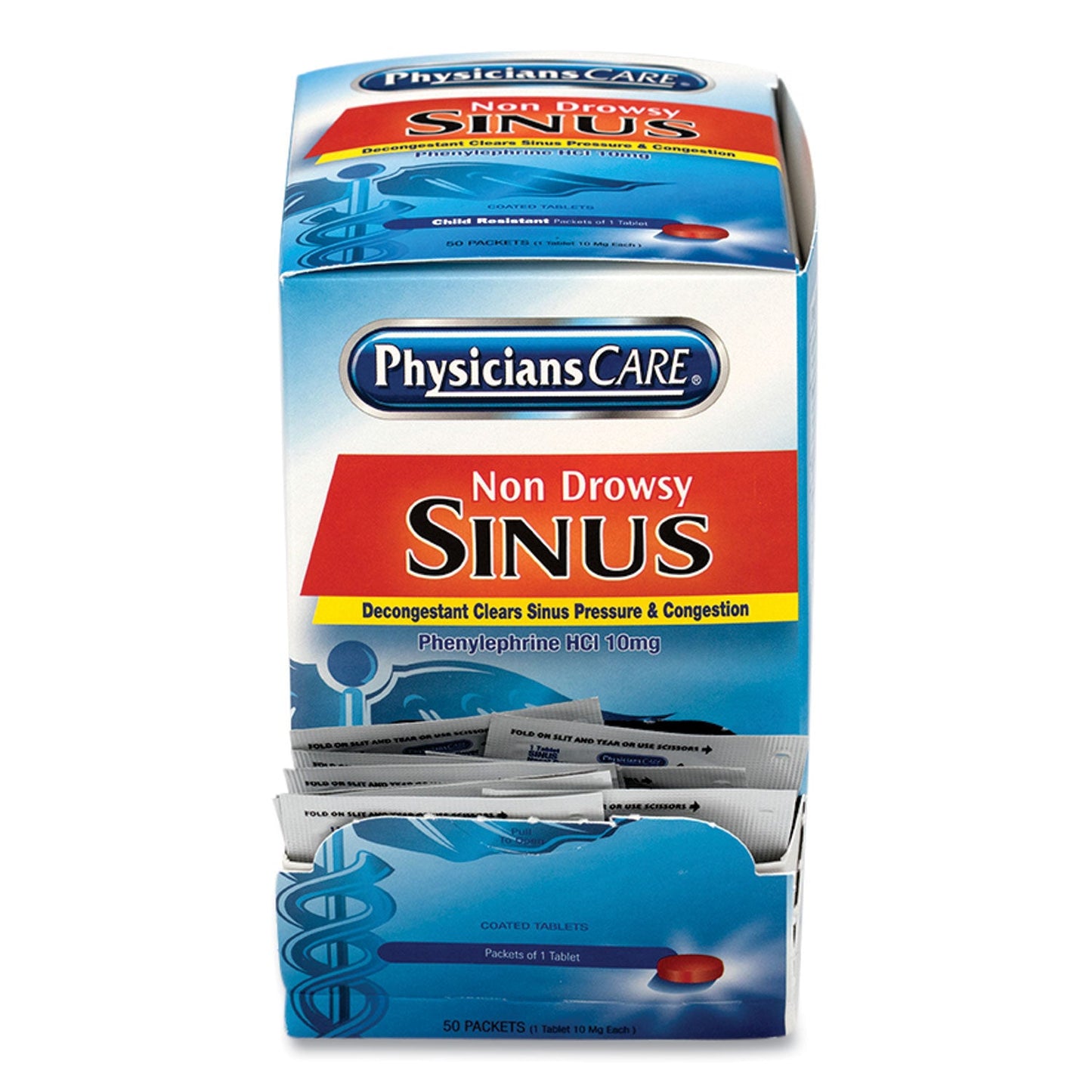 PhysiciansCare Sinus Decongestant Congestion Medication, One Tablet/Pack, 50 Packs/Box