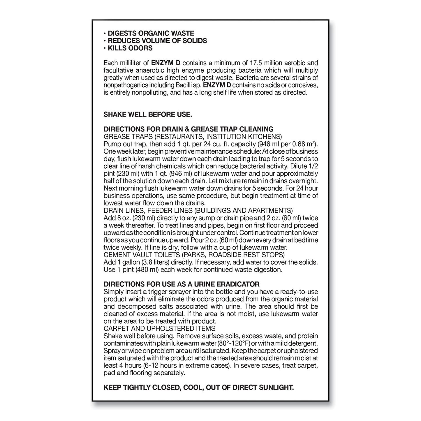 Big D Industries Enzym D Digester Liquid Deodorant, Lemon, 32 oz Bottle, 12/Carton