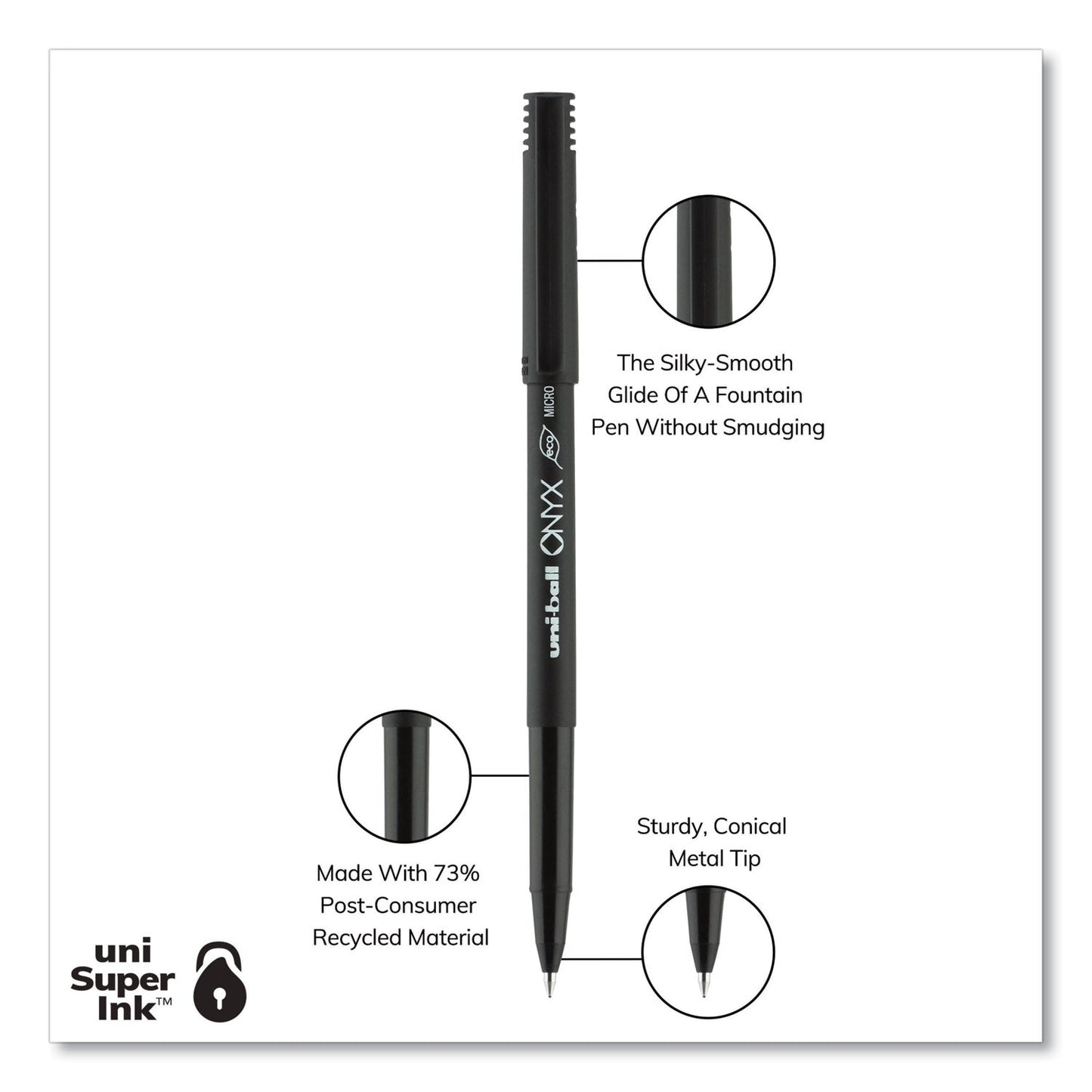 uniball ONYX Roller Ball Pen, Stick, Micro 0.5 mm, Black Ink, Black Matte Barrel, Dozen