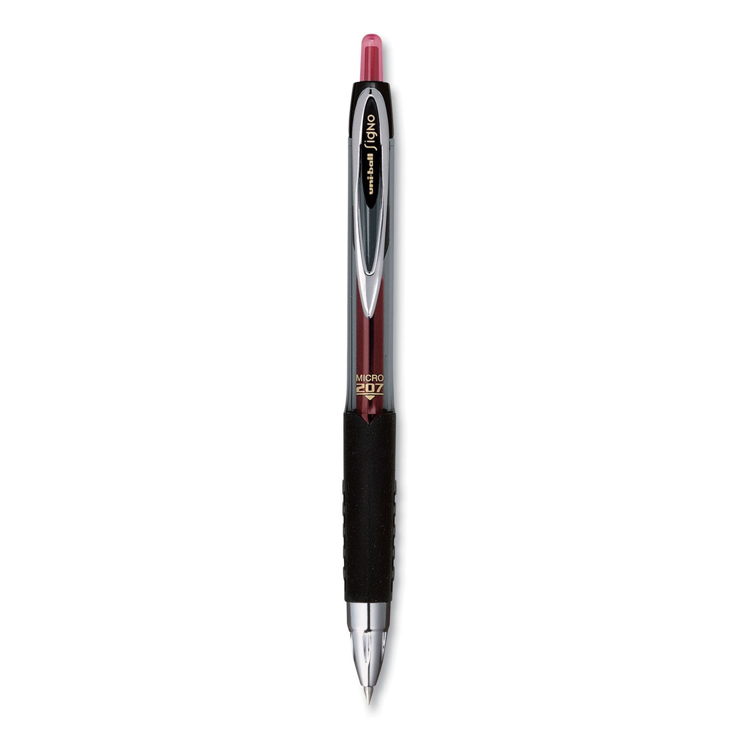 uniball Signo 207 Gel Pen, Retractable, Micro 0.5 mm, Red Ink, Smoke/Black/Red Barrel, Dozen