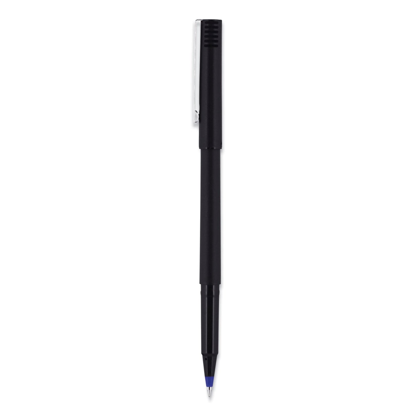 uniball Roller Ball Pen, Stick, Micro 0.5 mm, Blue Ink, Black Barrel, 72/Pack