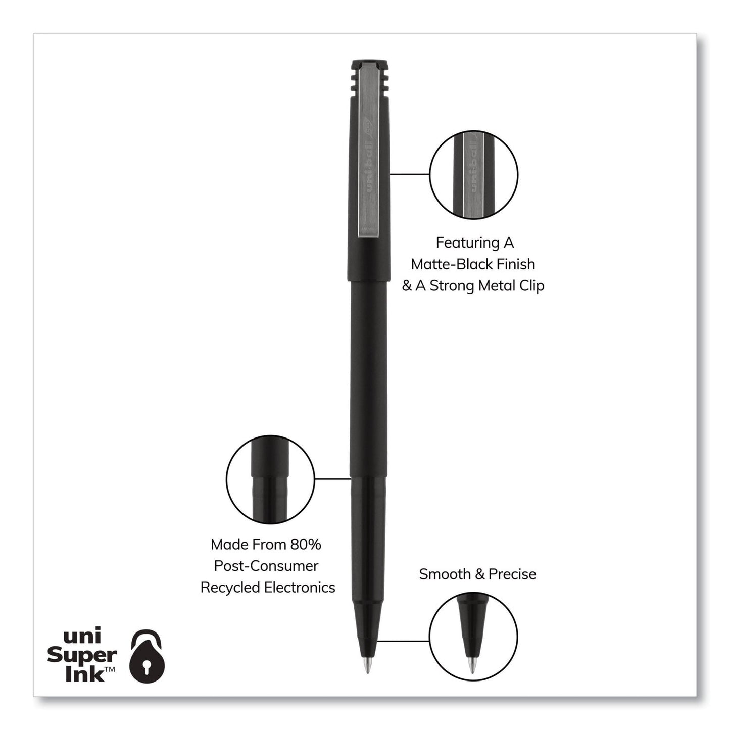 uniball Roller Ball Pen, Stick, Micro 0.5 mm, Black Ink, Black Matte Barrel, Dozen