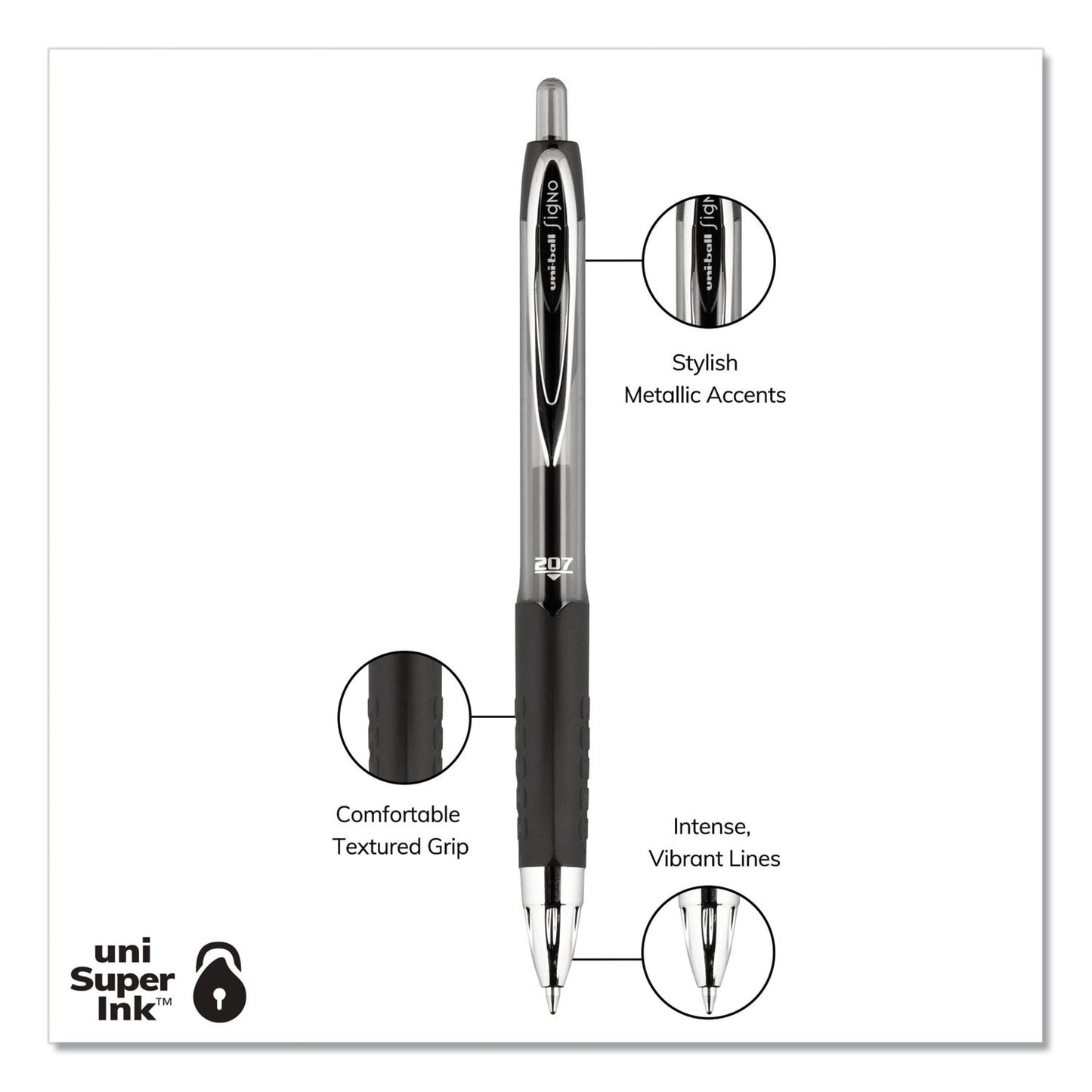 uniball Signo 207 Gel Pen, Retractable, Medium 0.7 mm, Black Ink, Translucent Black Barrel, 4/Pack