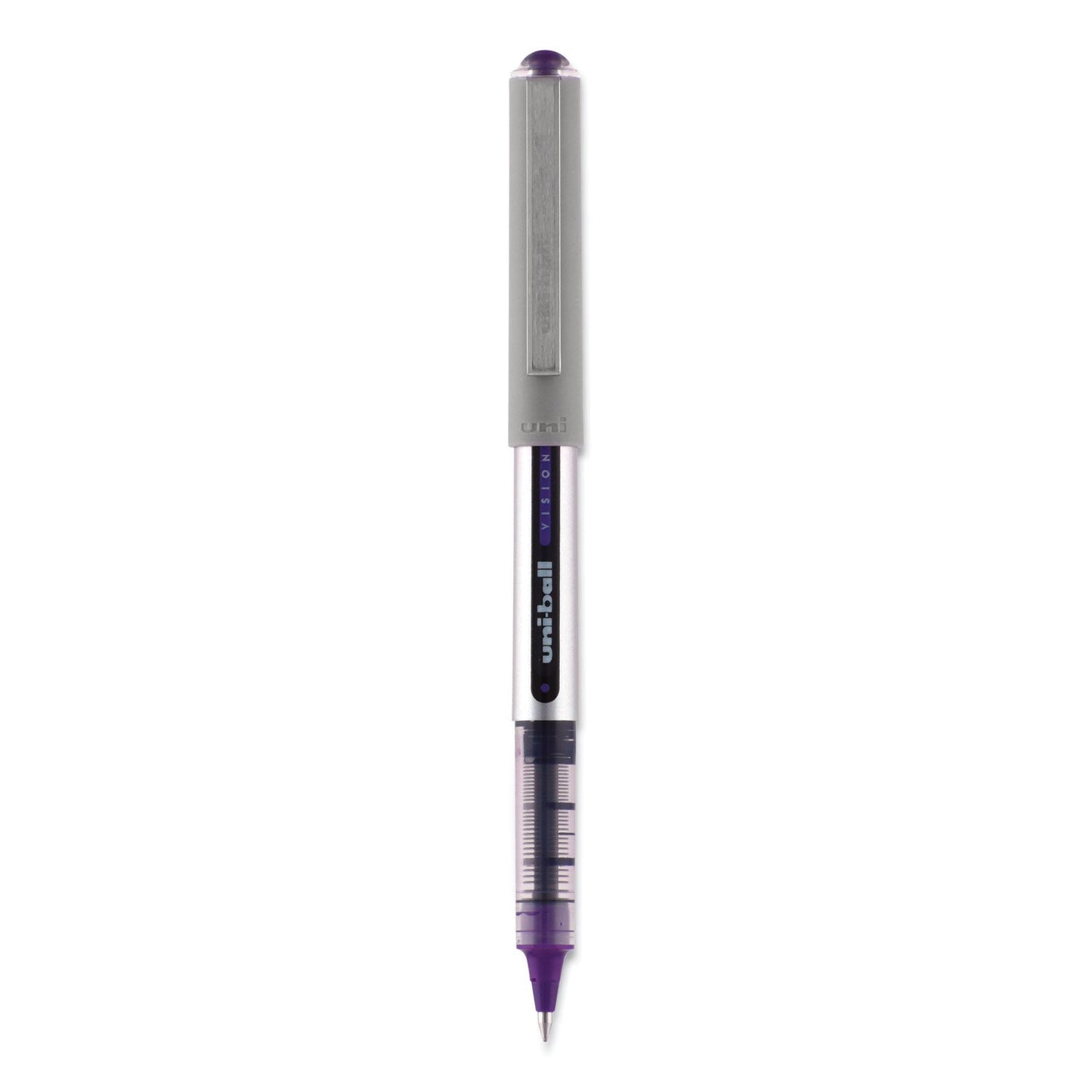 uniball VISION Roller Ball Pen, Stick, Fine 0.7 mm, Majestic Purple Ink, Gray Barrel, Dozen
