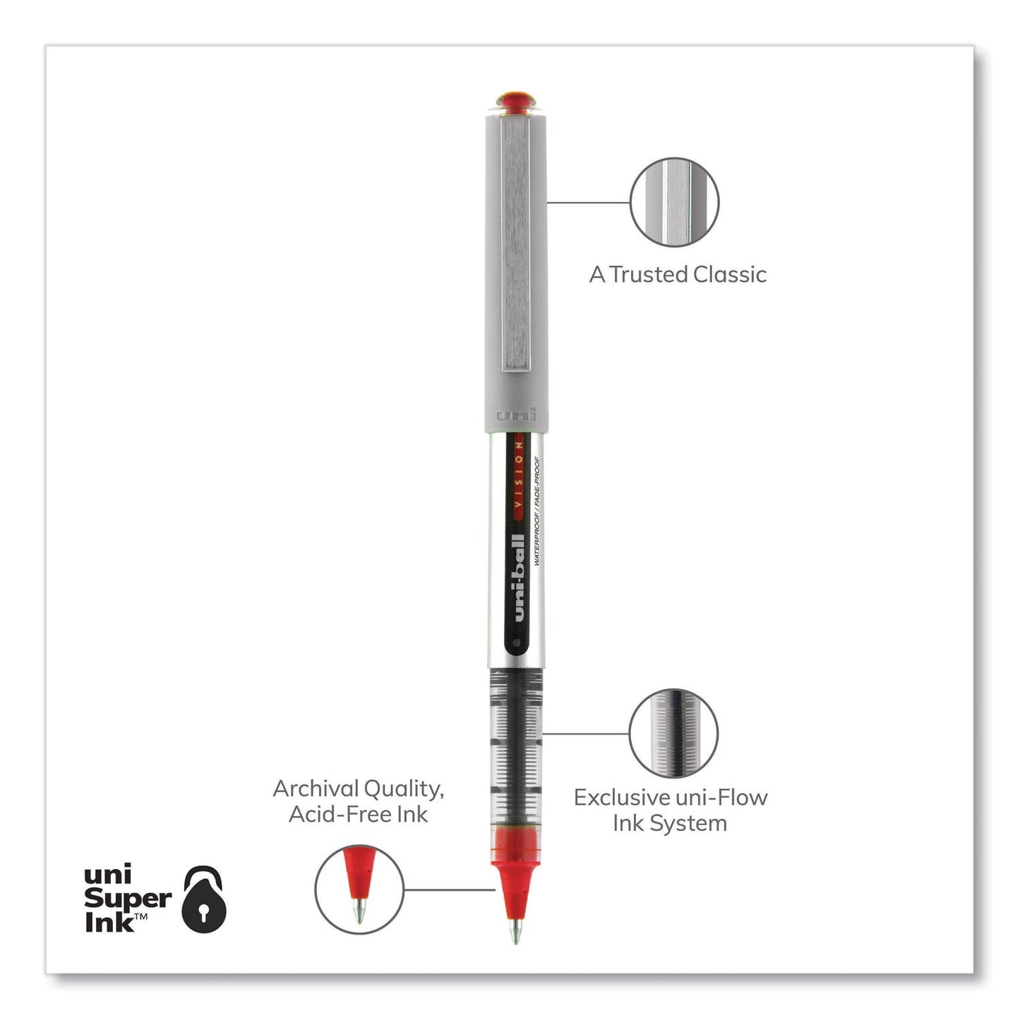 uniball VISION Roller Ball Pen, Stick, Fine 0.7 mm, Red Ink, Gray/Red Barrel, Dozen