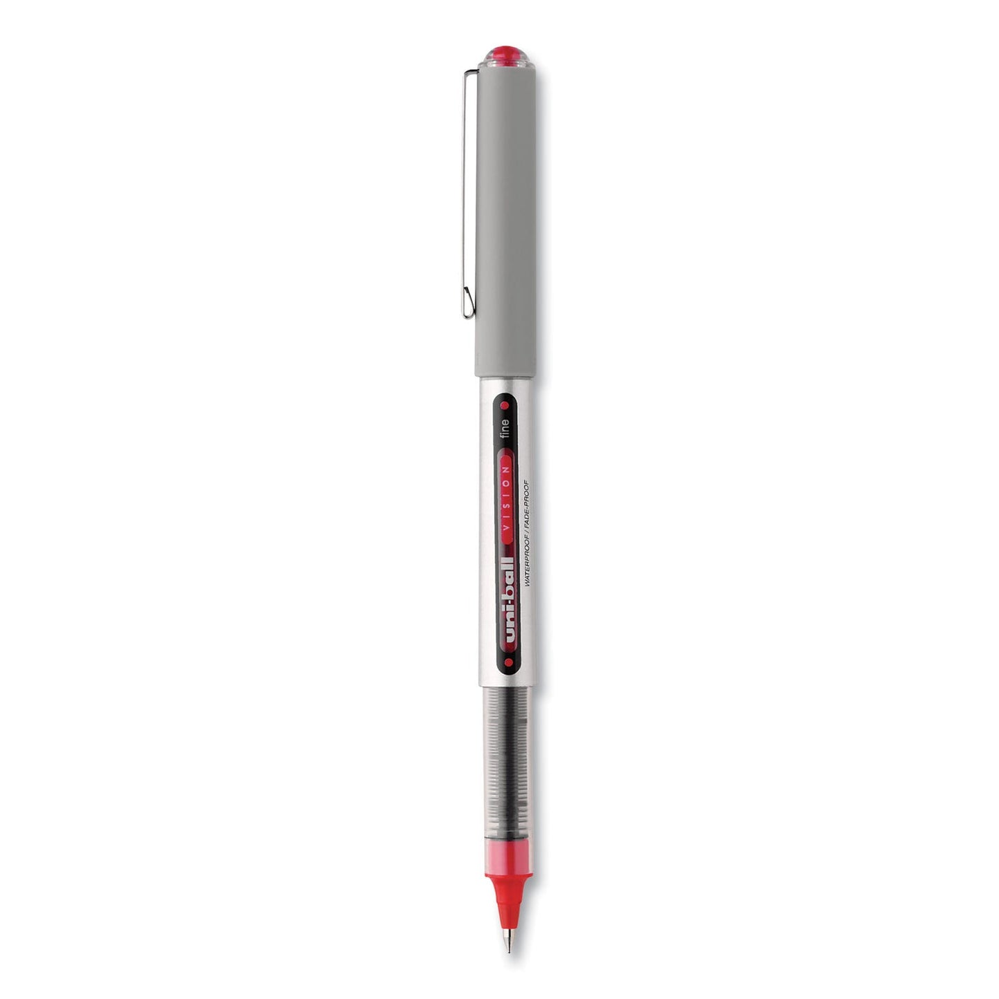 uniball VISION Roller Ball Pen, Stick, Fine 0.7 mm, Red Ink, Gray/Red Barrel, Dozen