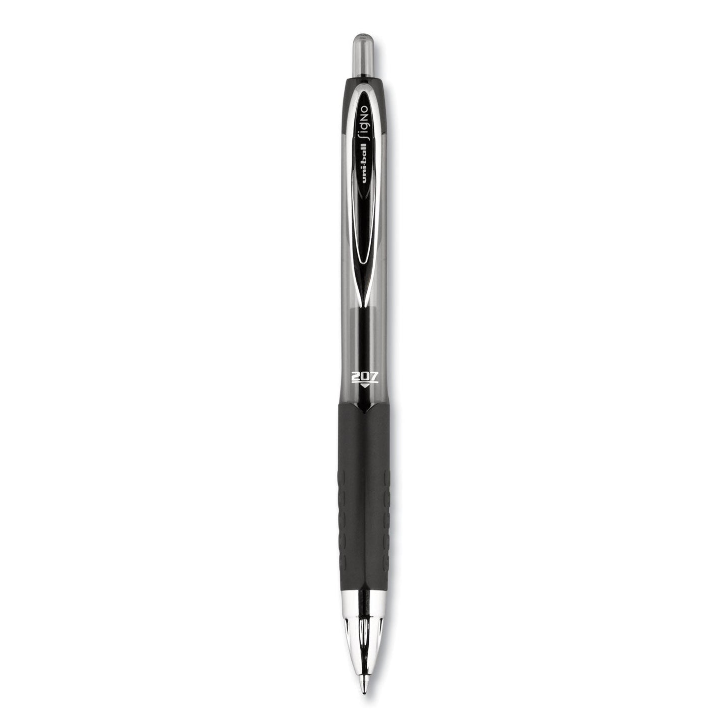 uniball Signo 207 Gel Pen, Retractable, Medium 0.7 mm, Black Ink, Smoke/Black Barrel, Dozen
