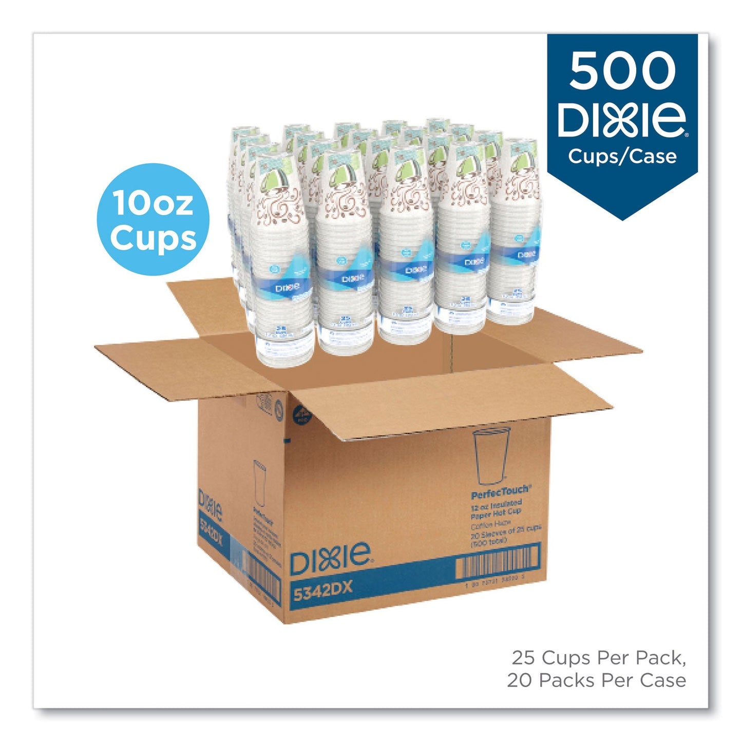 Dixie PerfecTouch Paper Hot Cups, 10 oz, Coffee Haze Design, 25 Sleeve, 20 Sleeves/Carton