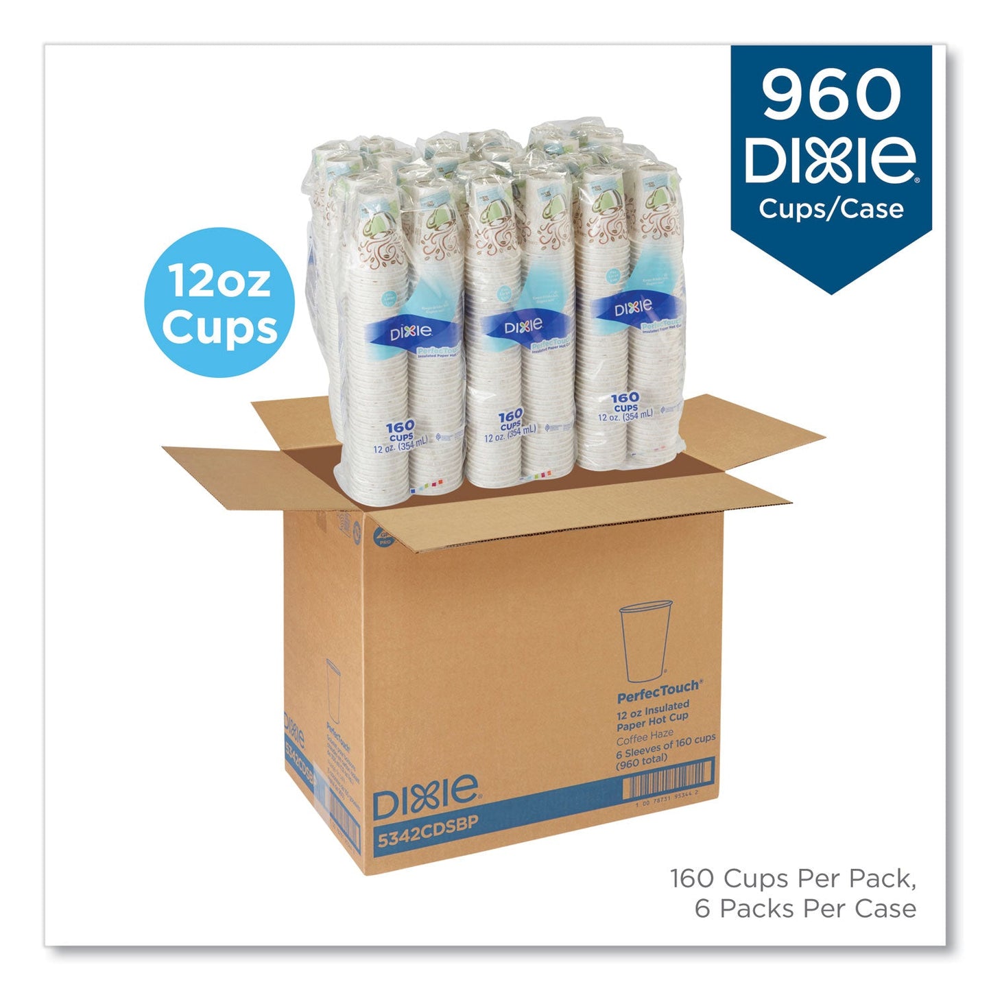 Dixie PerfecTouch Paper Hot Cups, 12 oz, Coffee Haze Design, 160/Pack, 6 Packs/Carton