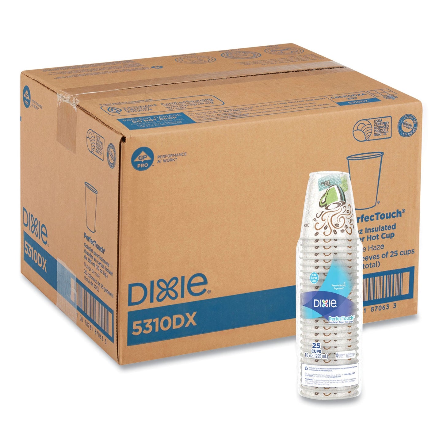Dixie PerfecTouch Paper Hot Cups, 10 oz, Coffee Haze Design, 25 Sleeve, 20 Sleeves/Carton