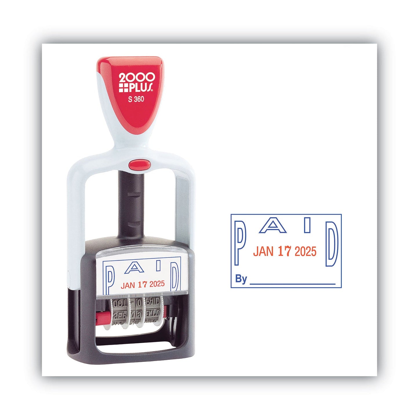 COSCO 2000PLUS Model S 360 Two-Color Message Dater, 1.75 x 1, "Paid," Self-Inking, Blue/Red