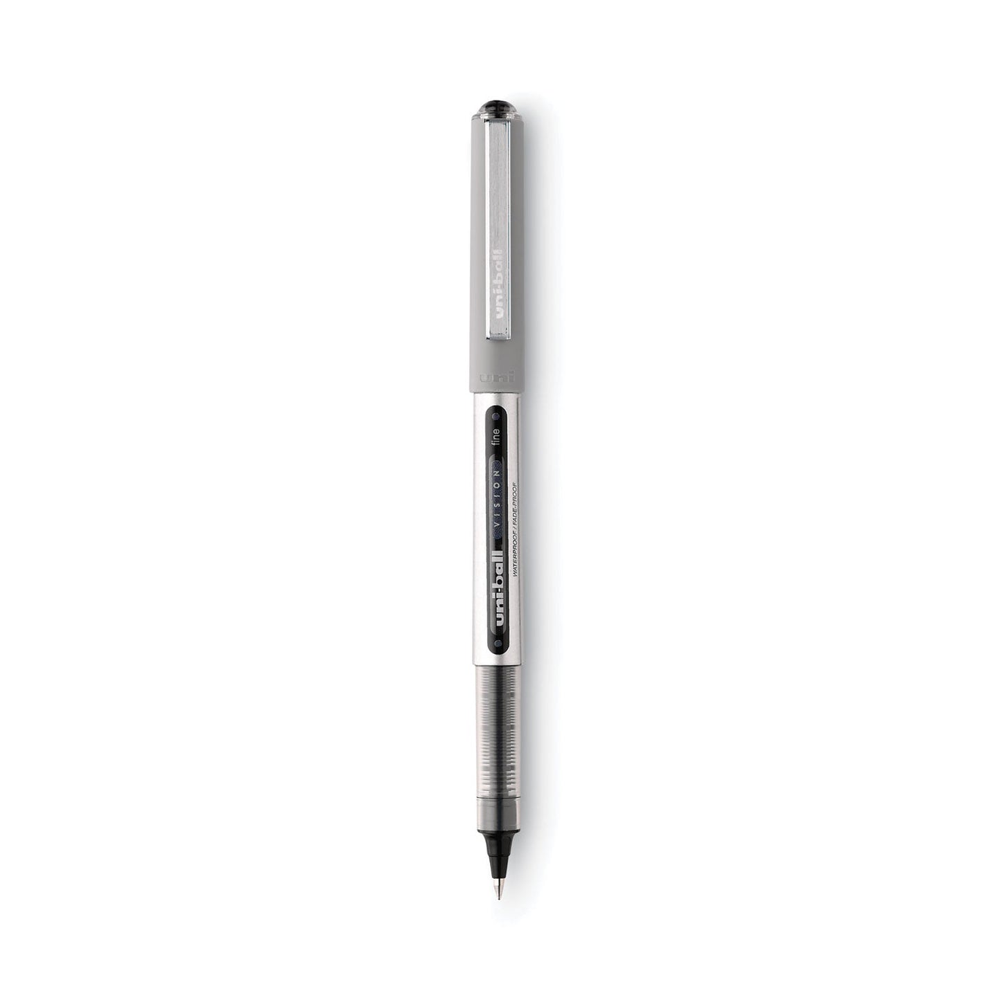 uniball VISION Roller Ball Pen, Stick, Fine 0.7 mm, Black Ink, Black/Gray Barrel, Dozen