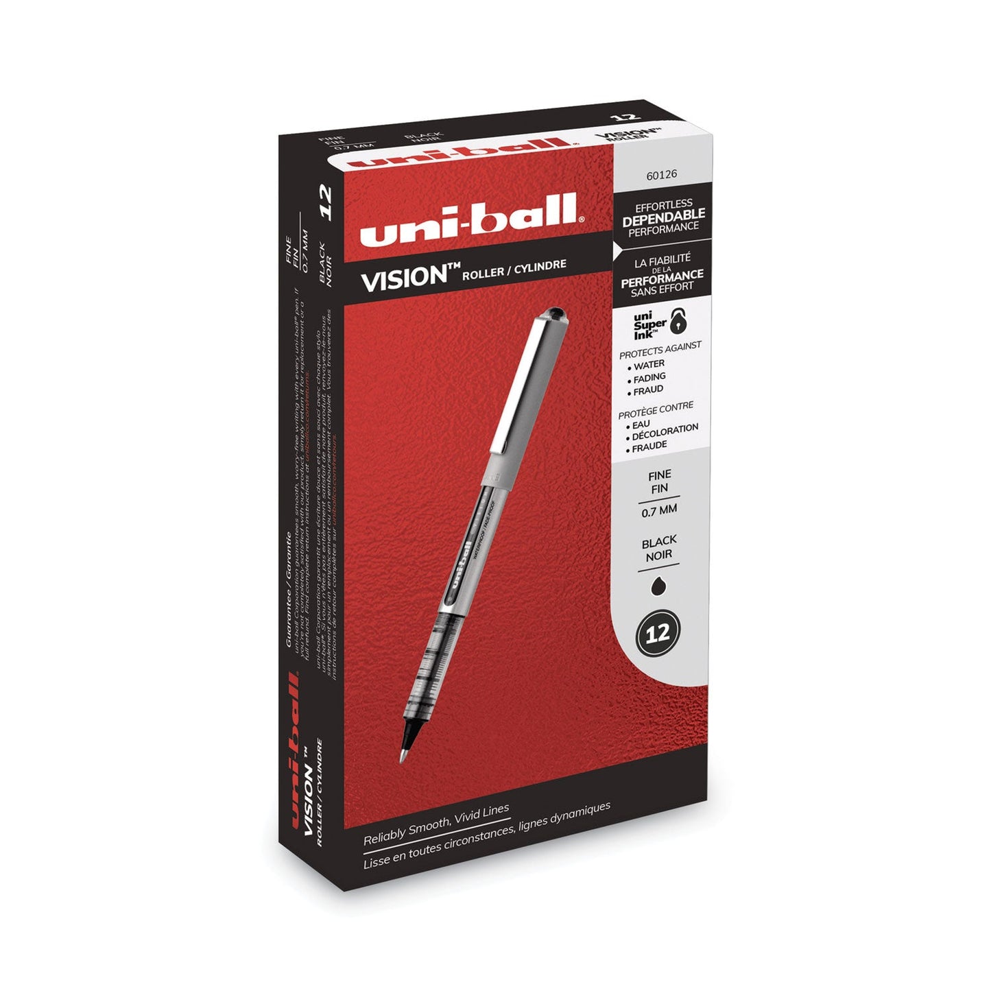 uniball VISION Roller Ball Pen, Stick, Fine 0.7 mm, Black Ink, Black/Gray Barrel, Dozen