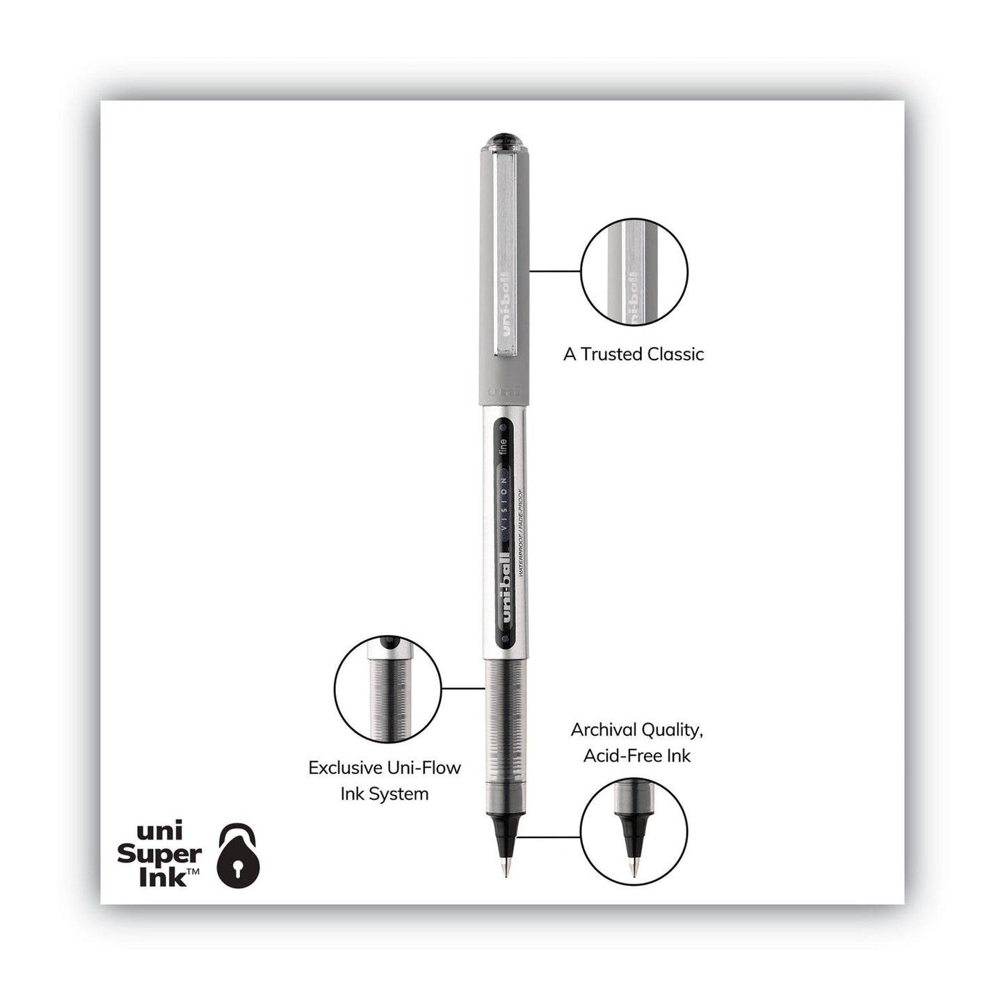 uniball VISION Roller Ball Pen, Stick, Fine 0.7 mm, Black Ink, Black/Gray Barrel, Dozen
