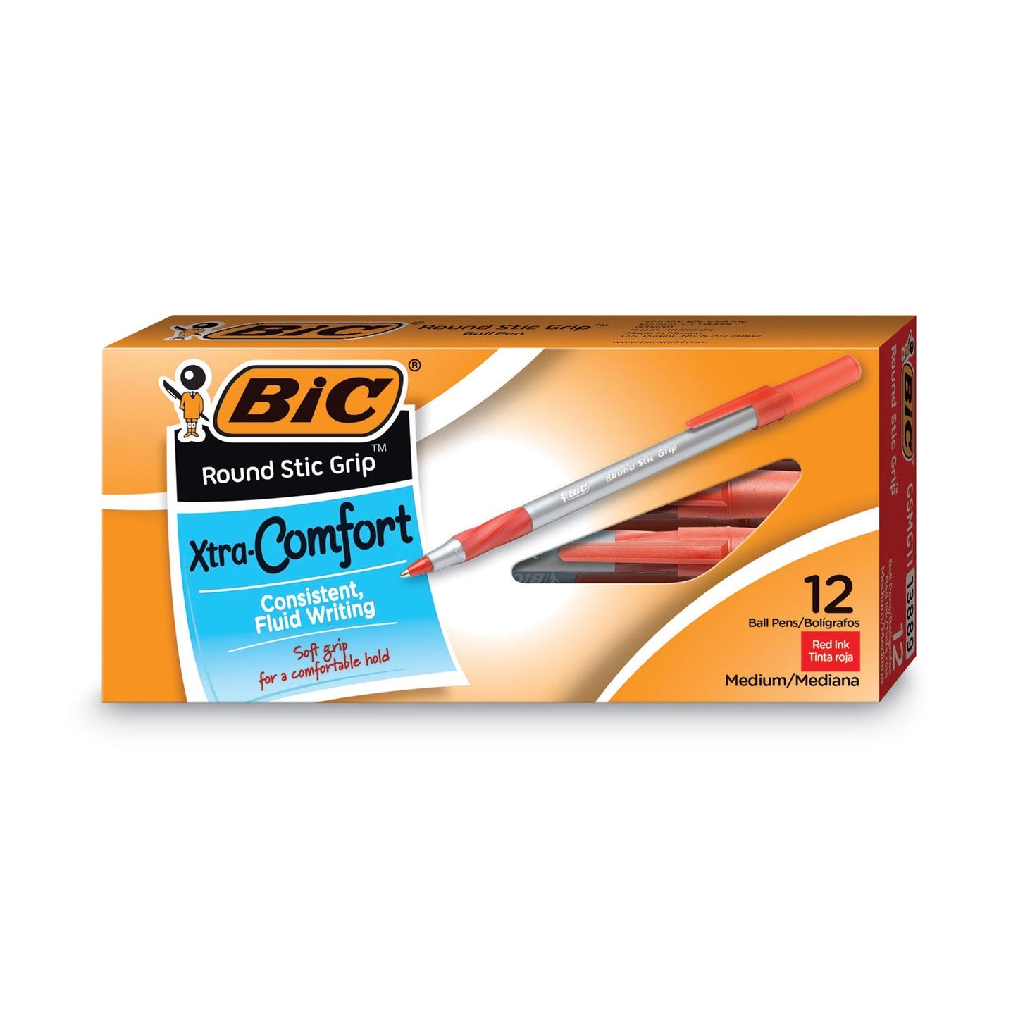 BIC Round Stic Grip Xtra Comfort Ballpoint Pen, Easy-Glide, Stick, Medium 1.2 mm, Red Ink, Gray/Red Barrel, Dozen