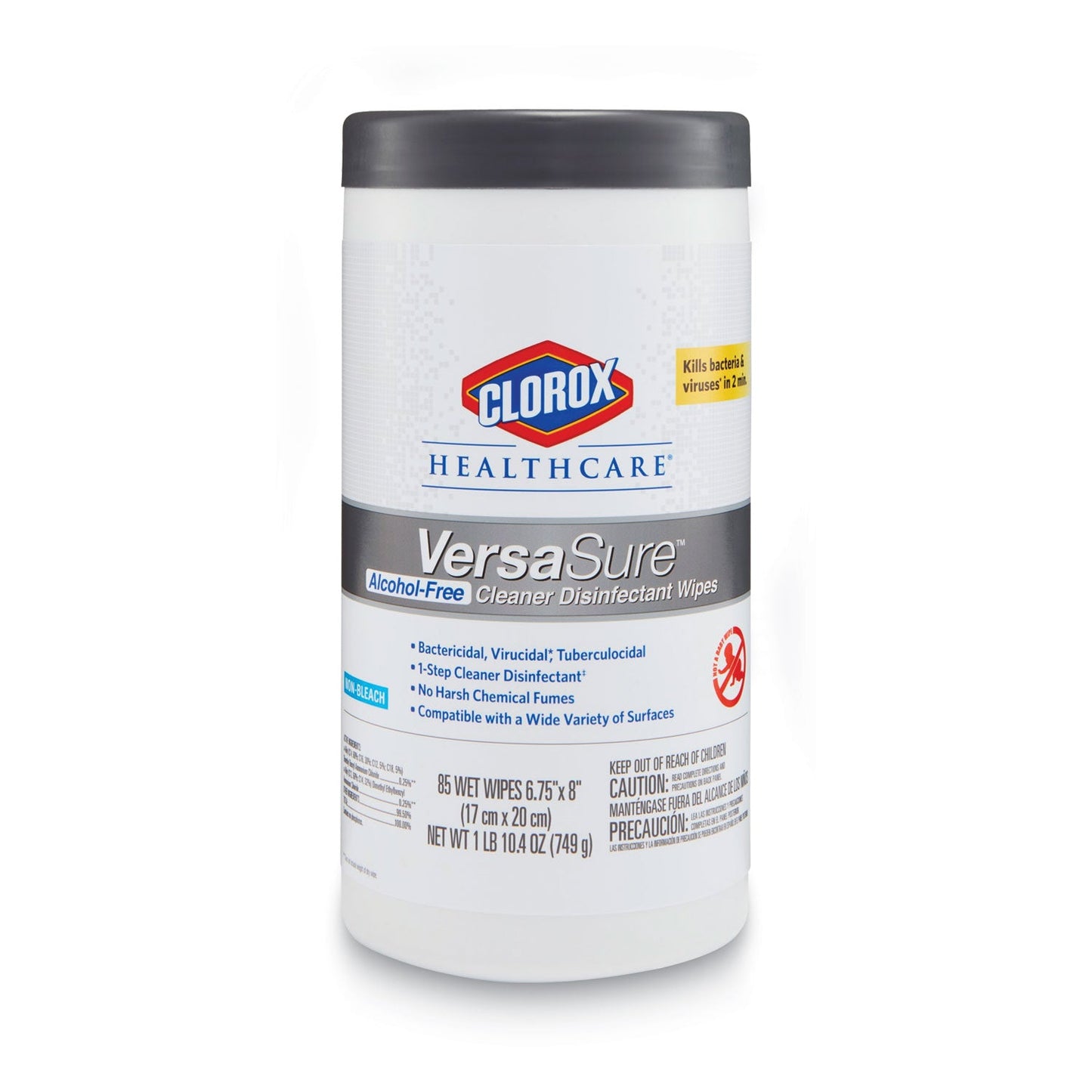 Clorox VersaSure Cleaner Disinfectant Wipes, 1-Ply, 6.75 x 8, White, 85/Canister, 6 Canisters/Carton