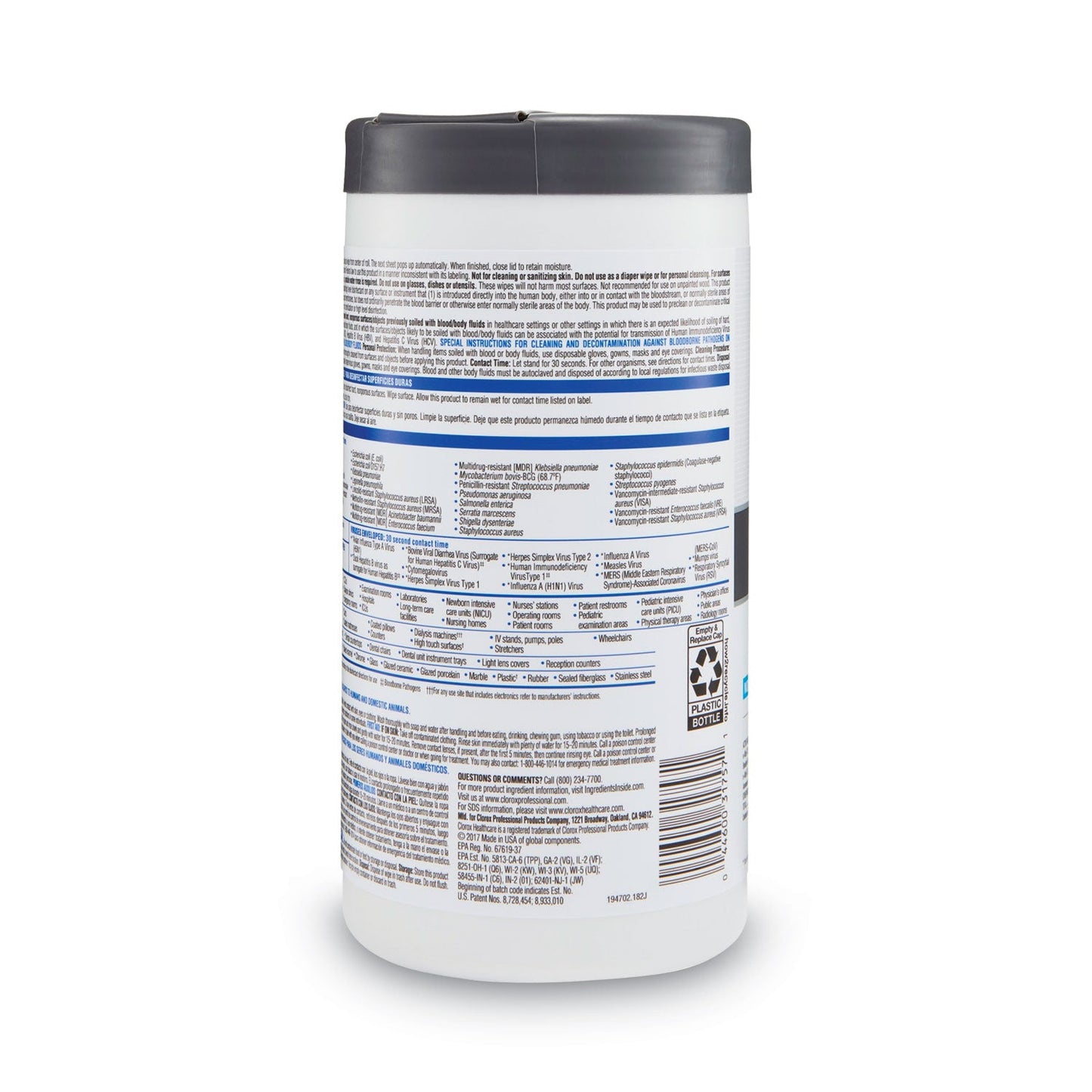 Clorox VersaSure Cleaner Disinfectant Wipes, 1-Ply, 6.75 x 8, White, 85/Canister, 6 Canisters/Carton
